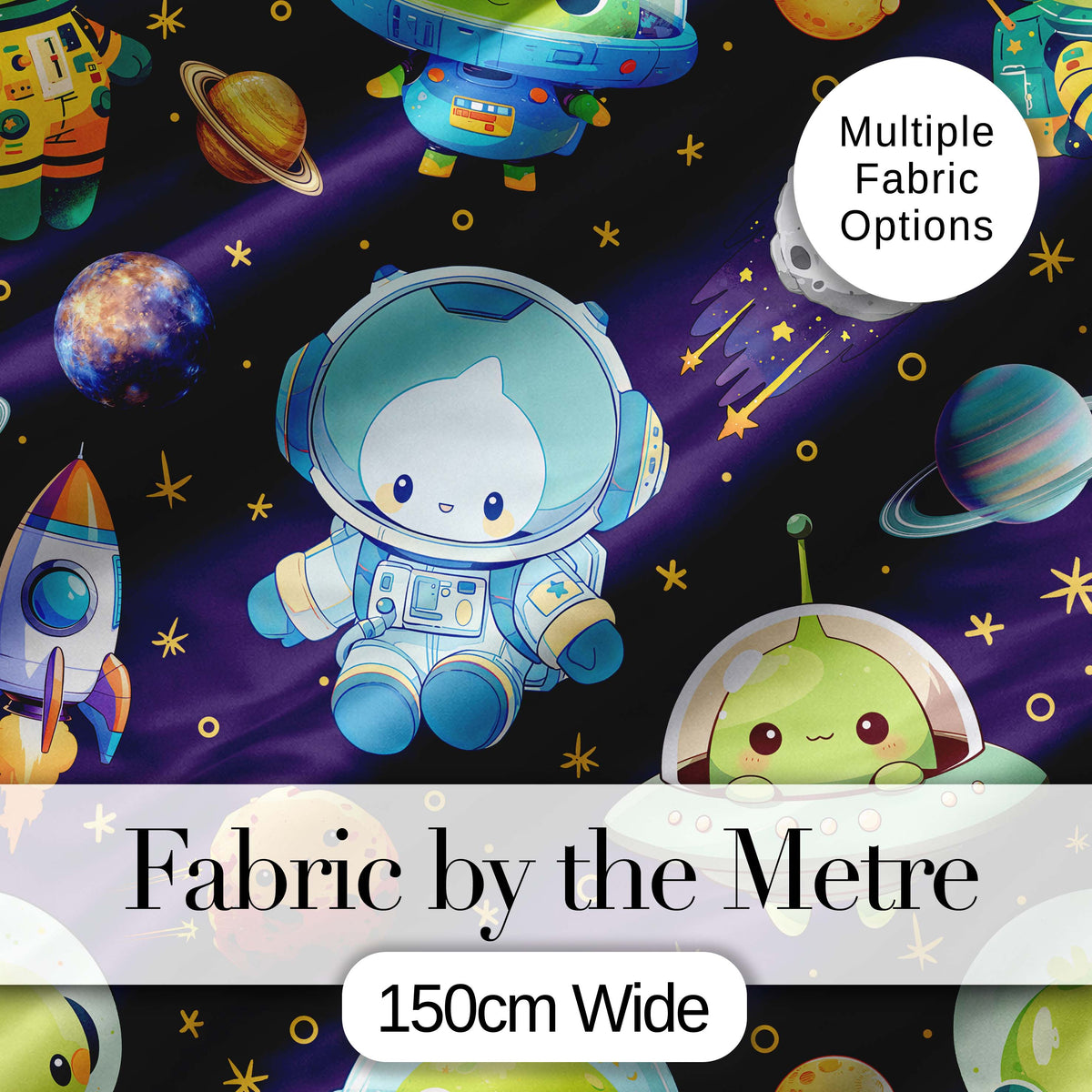 Space Astronaut Alien UFO Seamless Purple Background Fun Kids Design Digital Print Fabric by the Metre UK Sewing Quilting Textile