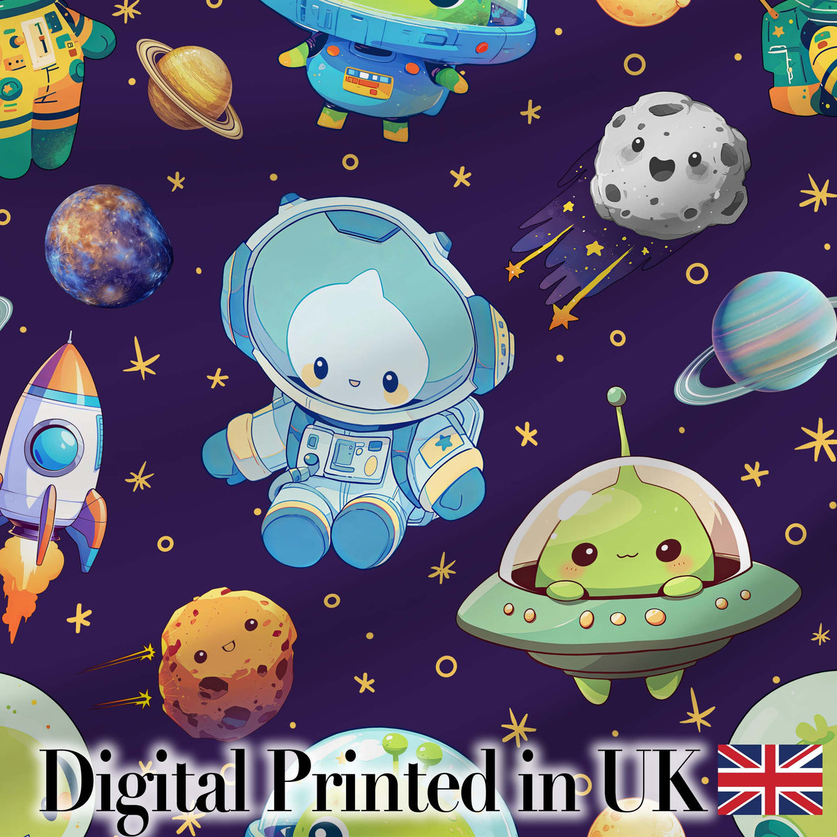 Space Astronaut Alien UFO Seamless Purple Background Fun Kids Design Digital Print Fabric by the Metre UK Sewing Quilting Textile