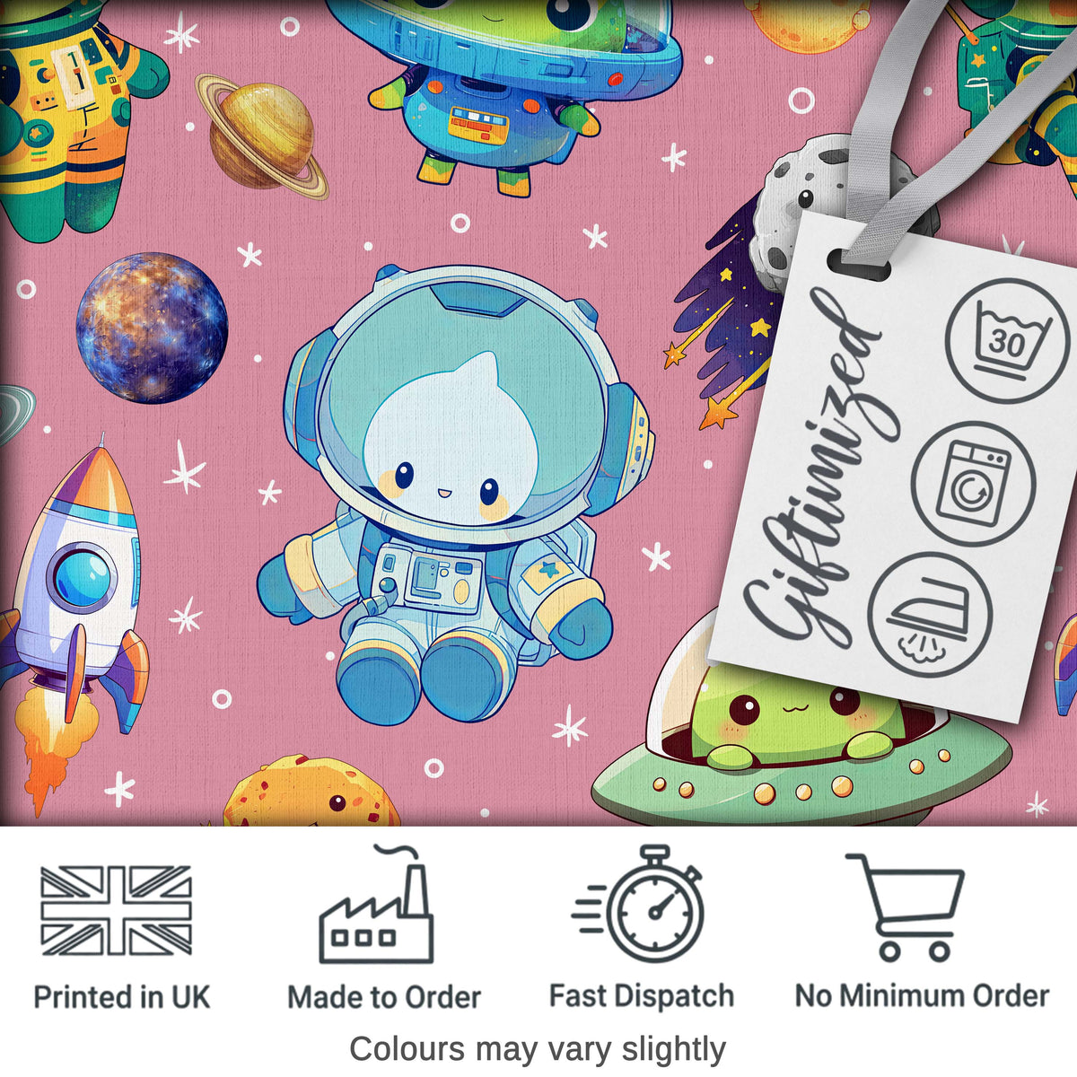 Space Astronaut Alien UFO Seamless Pink Background Fun Kids Design Digital Print Fabric by the Metre UK Sewing Quilting Textile
