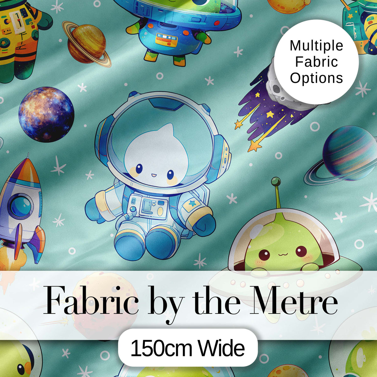 Space Astronaut Alien UFO Seamless Mint Green Background Fun Kids Design Digital Print Fabric by the Metre UK Sewing Quilting Textile