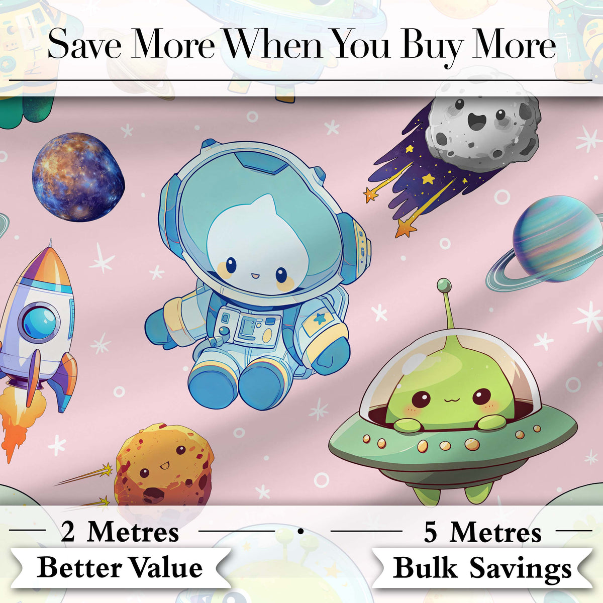 Space Astronaut Alien UFO Seamless Soft Pink Background Fun Kids Design Digital Print Fabric by the Metre UK Sewing Quilting Textile
