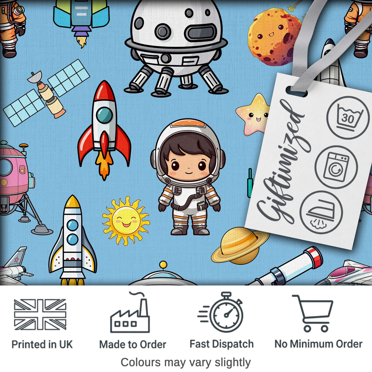 Space Astronaut Rockets UFO Telescope Seamless Blue Background Digital Print Fabric by the Metre UK Sewing Quilting Textile