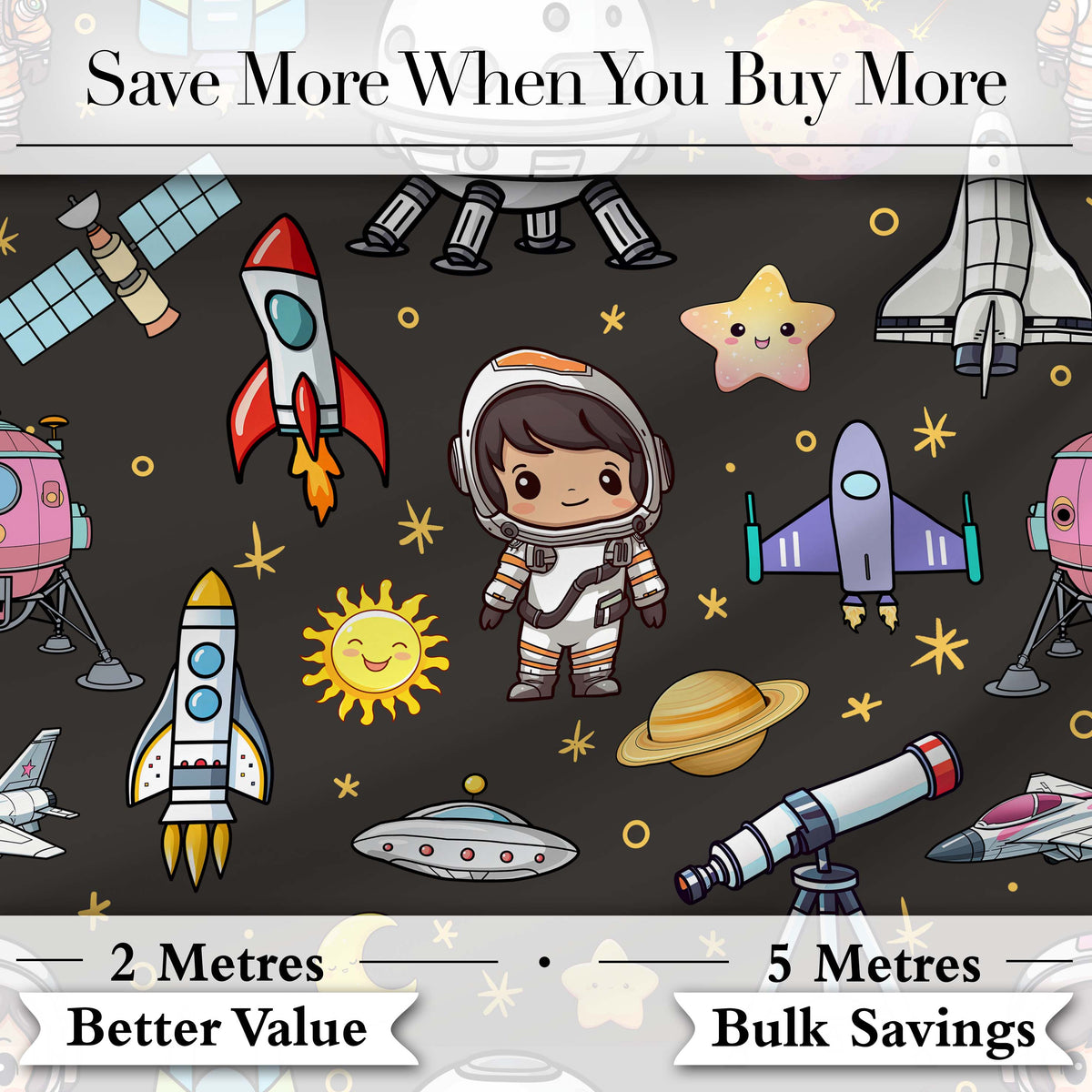 Space Astronaut Rockets UFO Telescope Seamless Dark Grey Background Digital Print Fabric by the Metre UK Sewing Quilting Textile