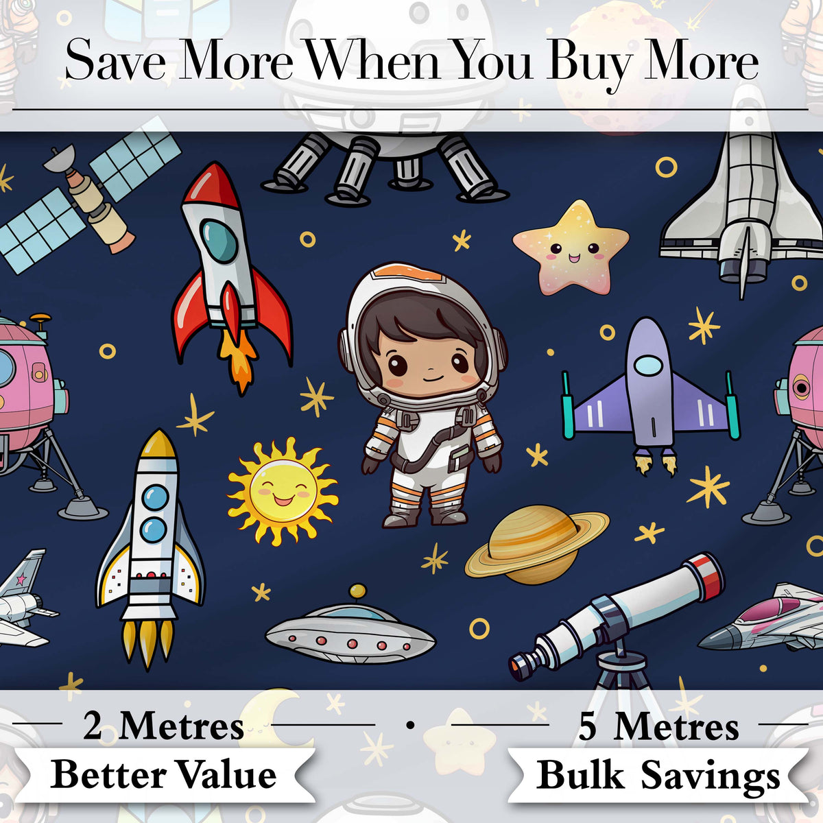 Space Astronaut Rockets UFO Telescope Seamless Navy Blue Background Digital Print Fabric by the Metre UK Sewing Quilting Textile