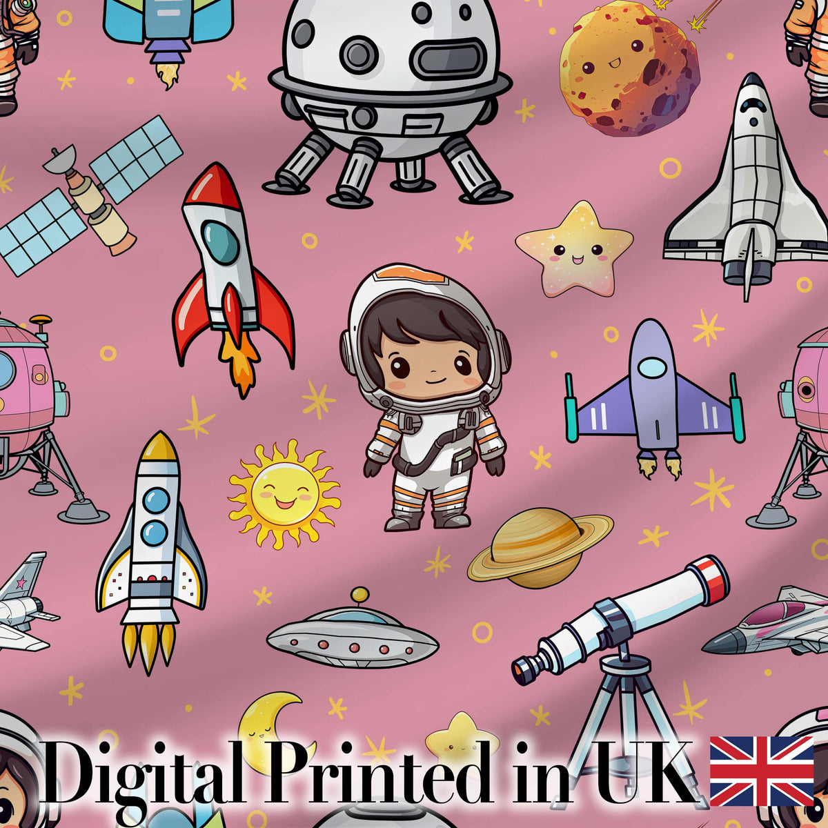 Space Astronaut Rockets UFO Telescope Seamless Pink Background Digital Print Fabric by the Metre UK Sewing Quilting Textile