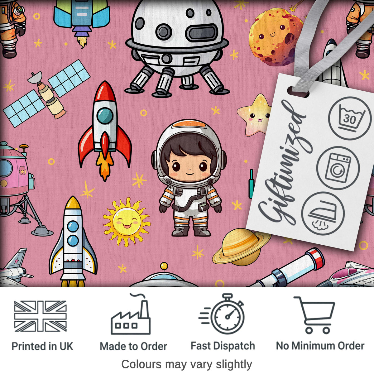 Space Astronaut Rockets UFO Telescope Seamless Pink Background Digital Print Fabric by the Metre UK Sewing Quilting Textile
