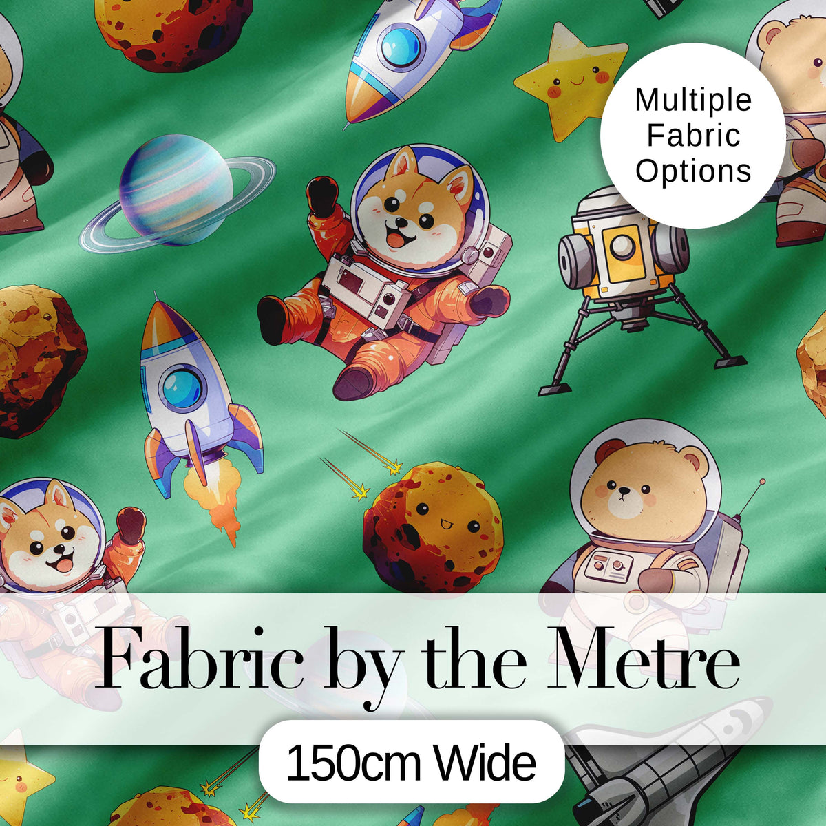 Space Dog Bear Astronaut Rockets Planets Seamless Green Background Digital Print Fabric by the Metre UK Sewing Quilting Textile