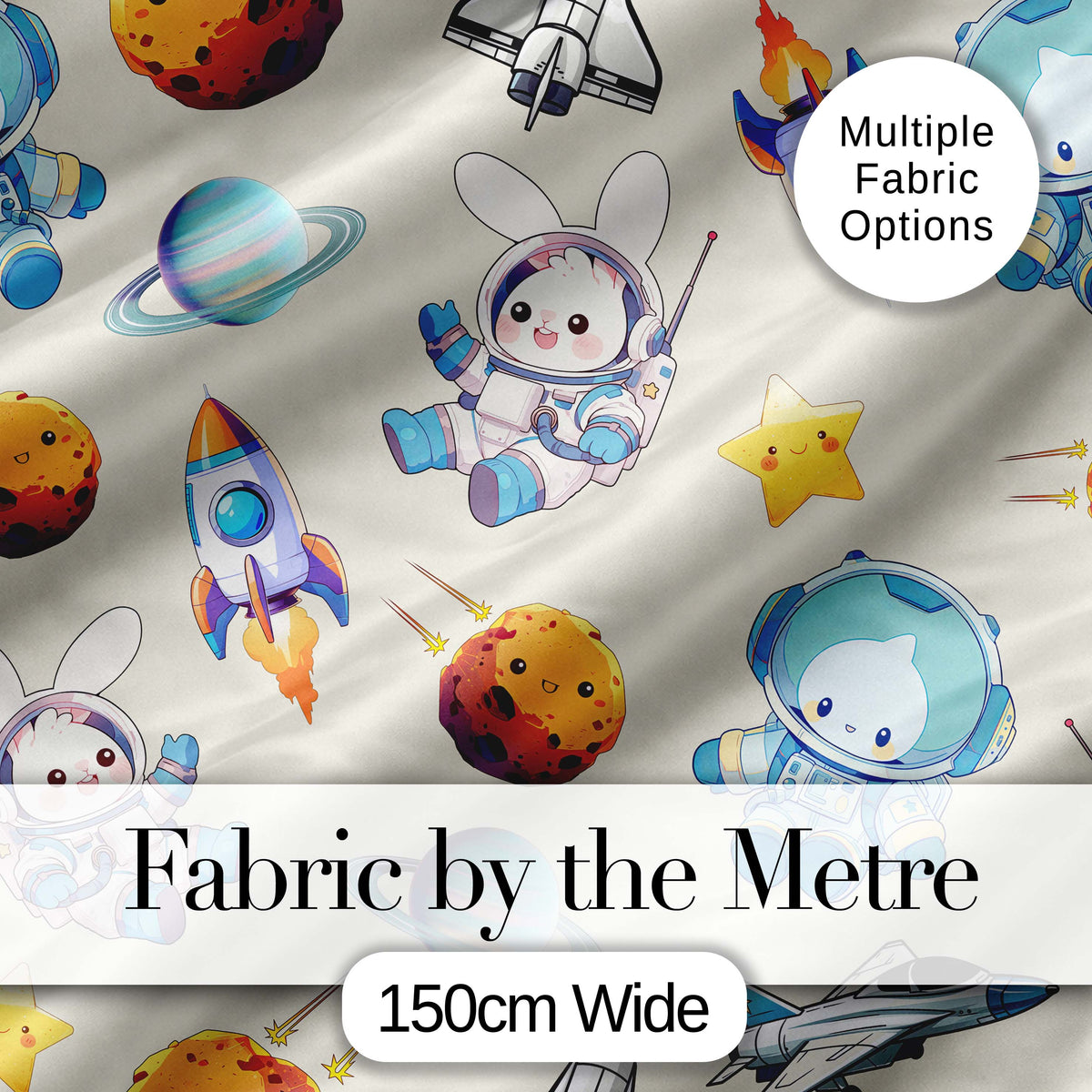 Space Bunny Cat Astronaut Rockets Planets Seamless Beige Background Digital Print Fabric by the Metre UK Sewing Quilting Textile