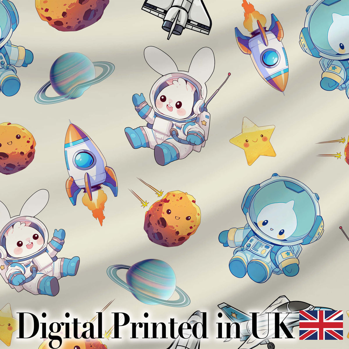 Space Bunny Cat Astronaut Rockets Planets Seamless Beige Background Digital Print Fabric by the Metre UK Sewing Quilting Textile