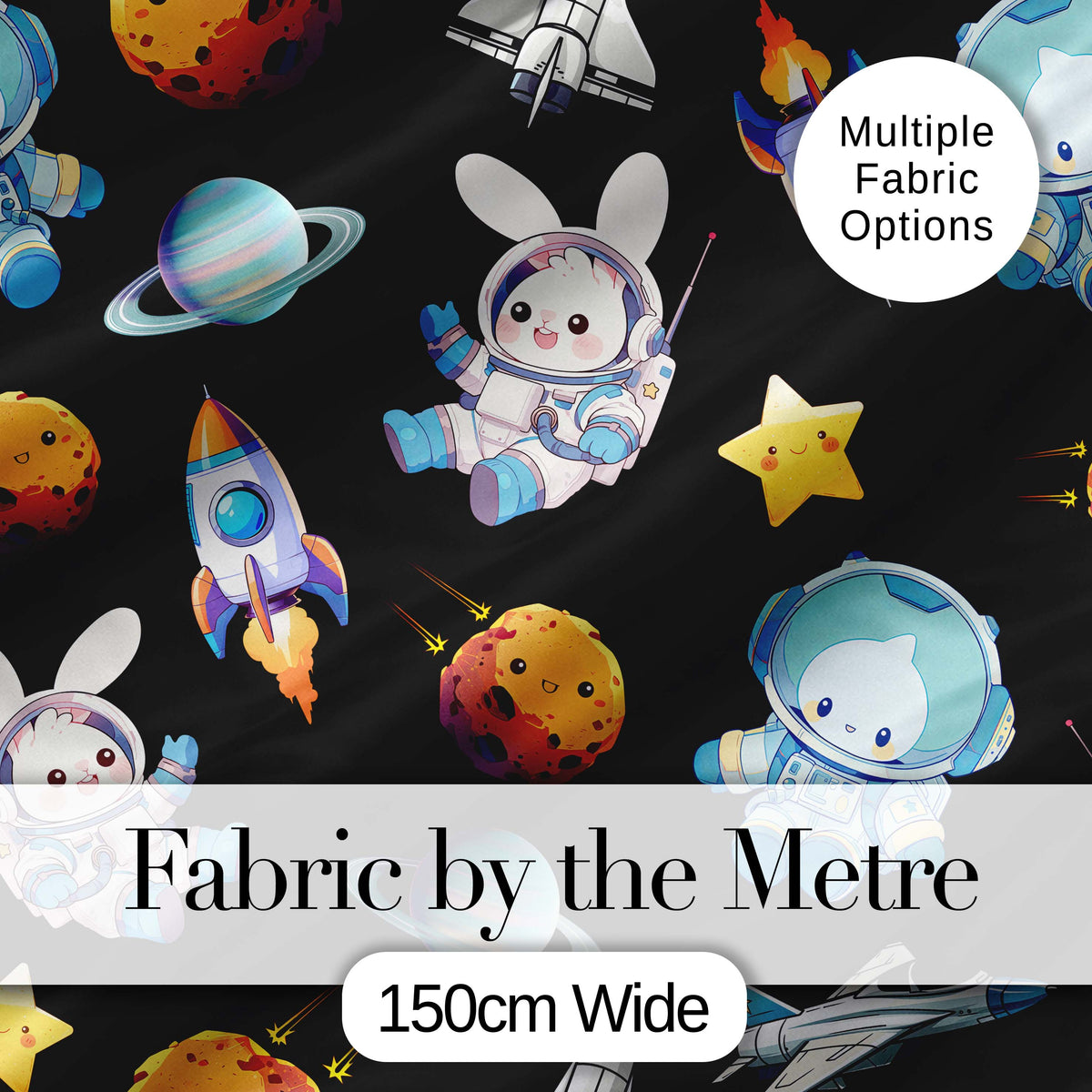 Space Bunny Cat Astronaut Rockets Planets Seamless Black Background Digital Print Fabric by the Metre UK Sewing Quilting Textile