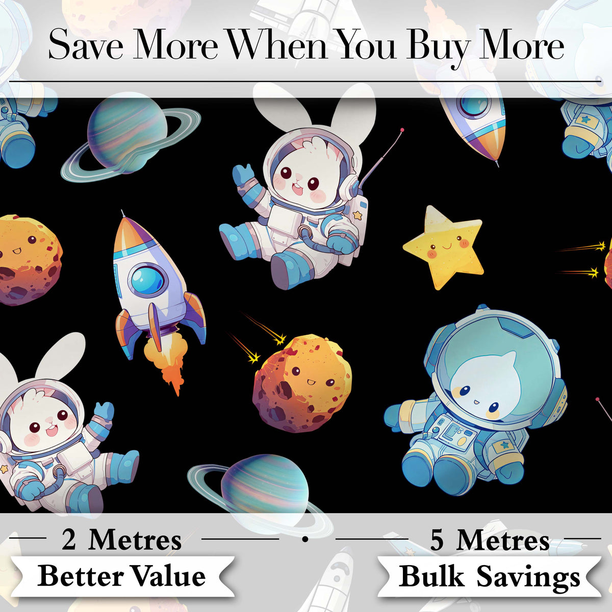 Space Bunny Cat Astronaut Rockets Planets Seamless Black Background Digital Print Fabric by the Metre UK Sewing Quilting Textile