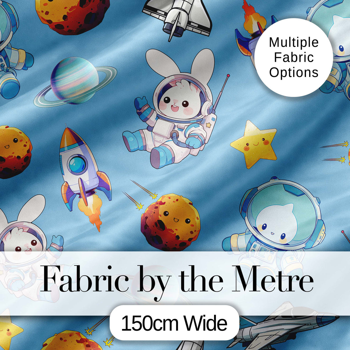 Space Bunny Cat Astronaut Rockets Planets Seamless Blue Background Digital Print Fabric by the Metre UK Sewing Quilting Textile