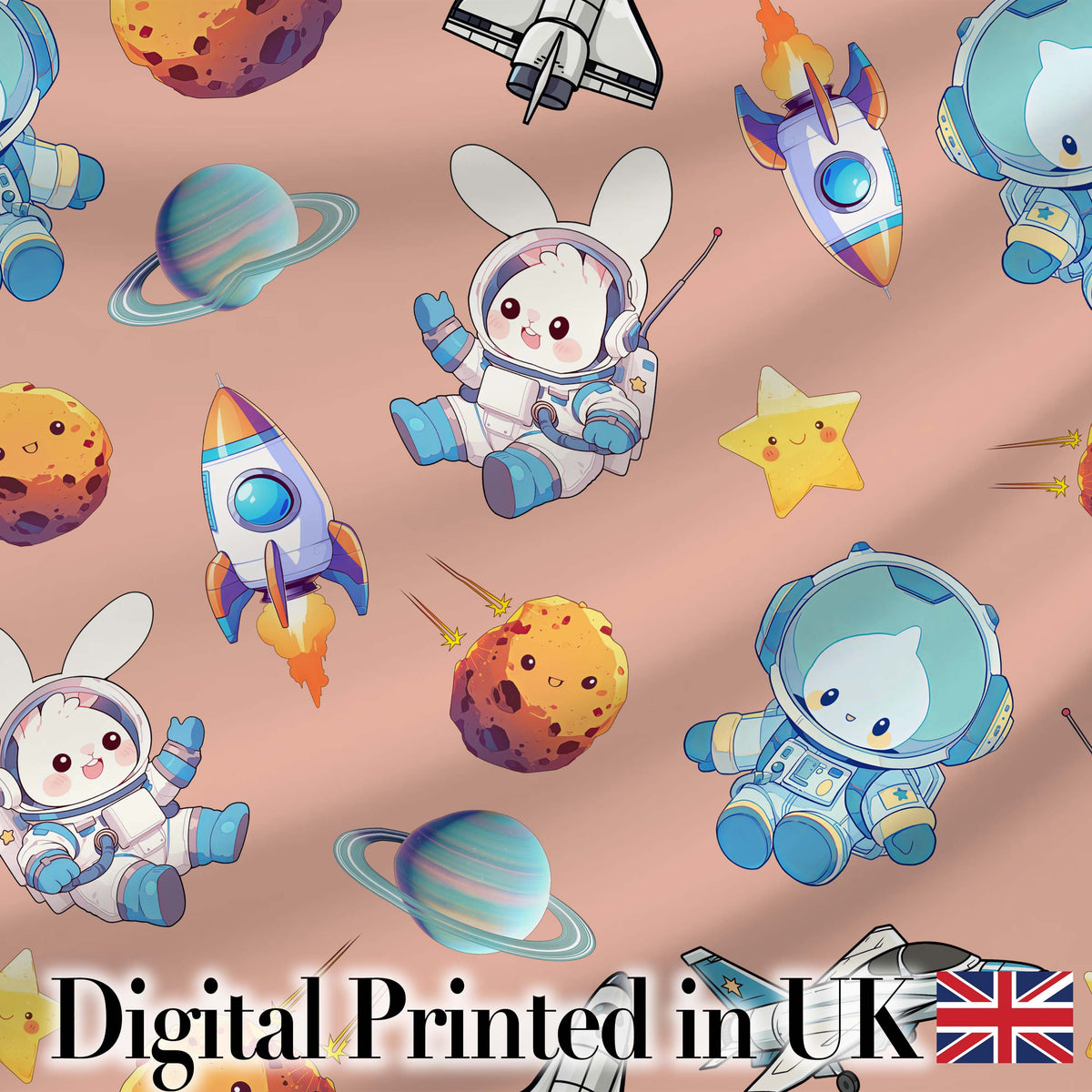 Space Bunny Cat Astronaut Rockets Planets Seamless Peach Background Digital Print Fabric by the Metre UK Sewing Quilting Textile