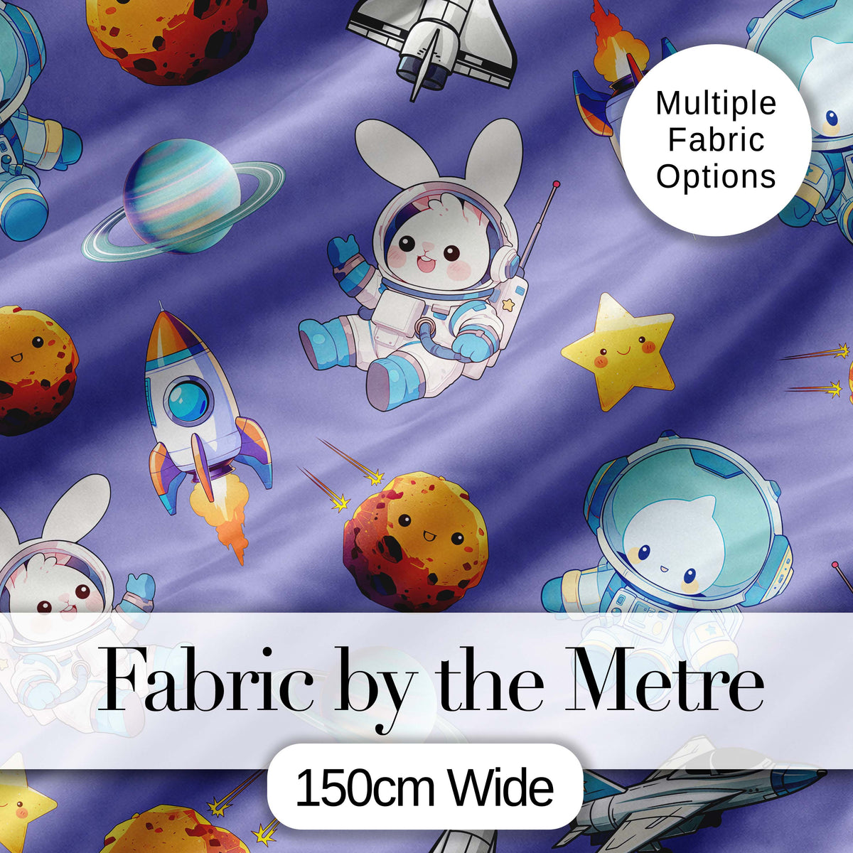 Space Bunny Cat Astronaut Rockets Planets Seamless Purple Background Digital Print Fabric by the Metre UK Sewing Quilting Textile