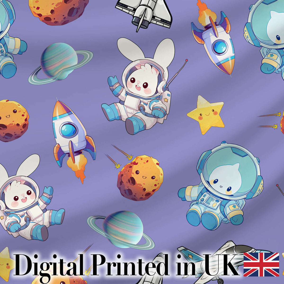 Space Bunny Cat Astronaut Rockets Planets Seamless Purple Background Digital Print Fabric by the Metre UK Sewing Quilting Textile