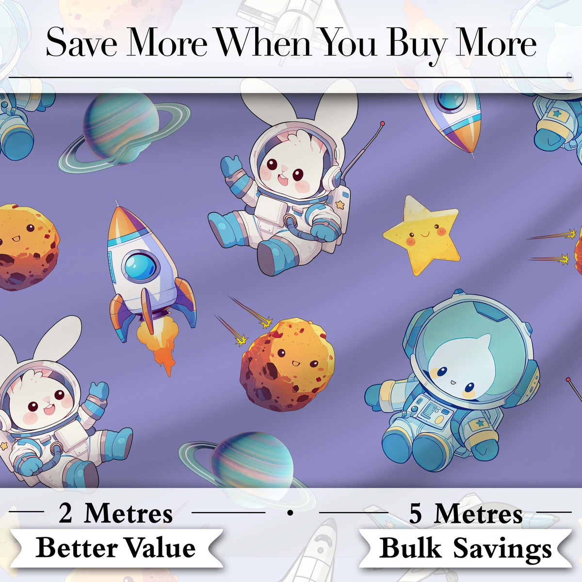 Space Bunny Cat Astronaut Rockets Planets Seamless Purple Background Digital Print Fabric by the Metre UK Sewing Quilting Textile