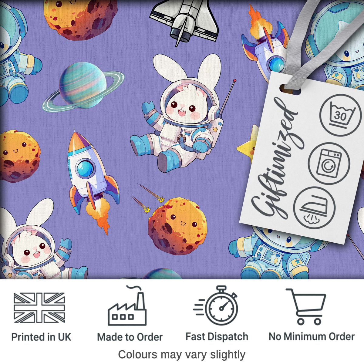Space Bunny Cat Astronaut Rockets Planets Seamless Purple Background Digital Print Fabric by the Metre UK Sewing Quilting Textile