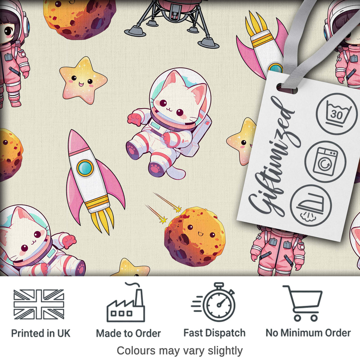Space Cat Astronaut Girl Rockets Stars Seamless Cream Background Digital Print Fabric by the Metre UK Sewing Quilting Textile