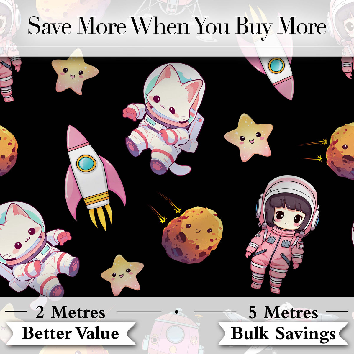 Space Cat Astronaut Girl Rockets Stars Seamless Black Background Digital Print Fabric by the Metre UK Sewing Quilting Textile