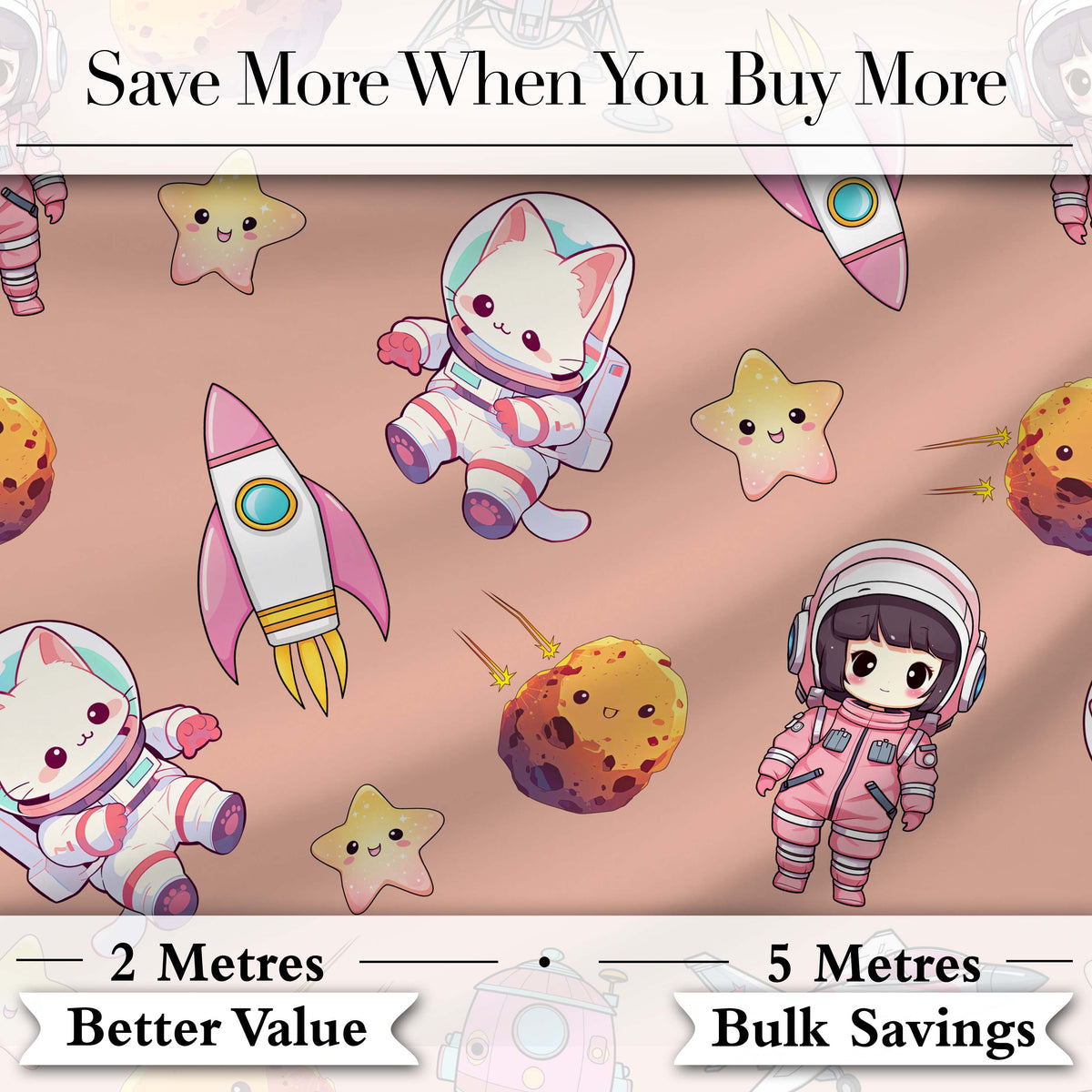 Space Cat Astronaut Girl Rockets Stars Seamless Peach Background Digital Print Fabric by the Metre UK Sewing Quilting Textile