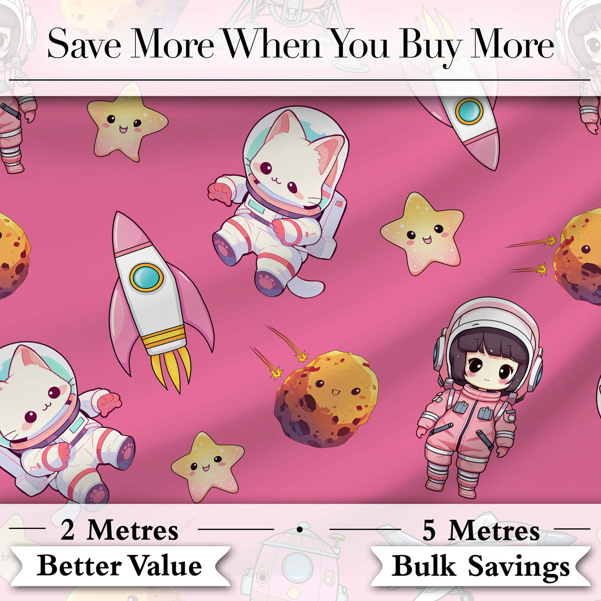 Space Cat Astronaut Girl Rockets Stars Seamless Pink Background Digital Print Fabric by the Metre UK Sewing Quilting Textile