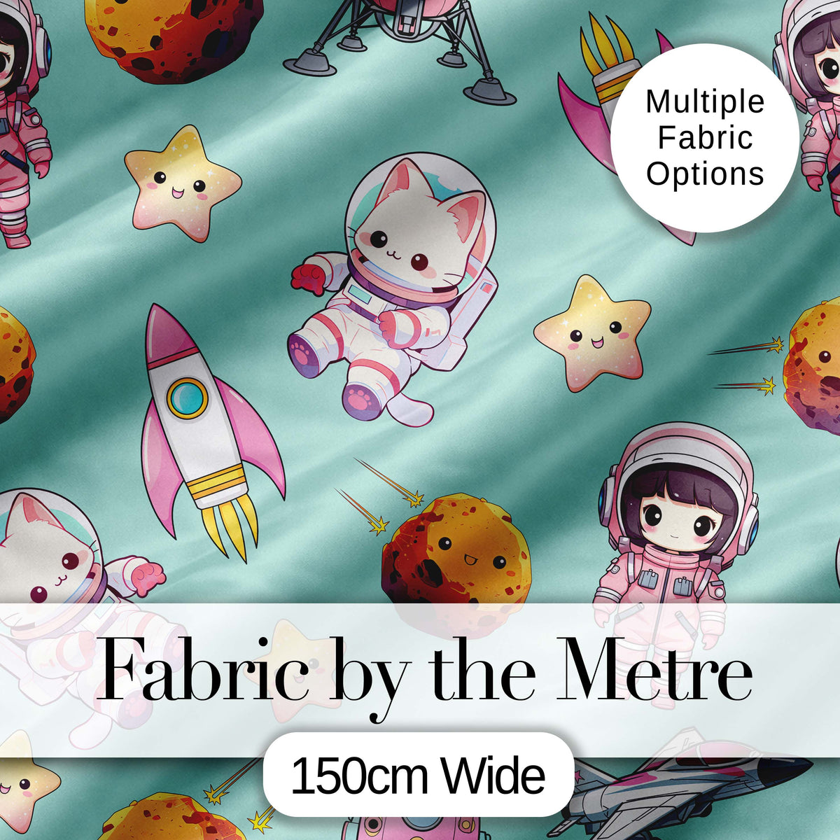 Space Cat Astronaut Girl Rockets Stars Seamless Mint Background Digital Print Fabric by the Metre UK Sewing Quilting Textile