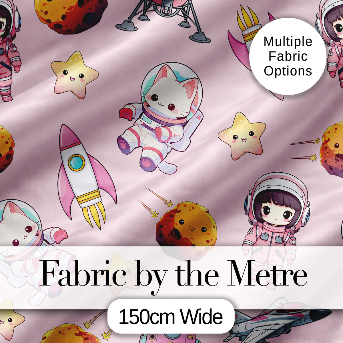 Space Cat Astronaut Girl Rockets Stars Seamless Dusty Pink Background Digital Print Fabric by the Metre UK Sewing Quilting Textile