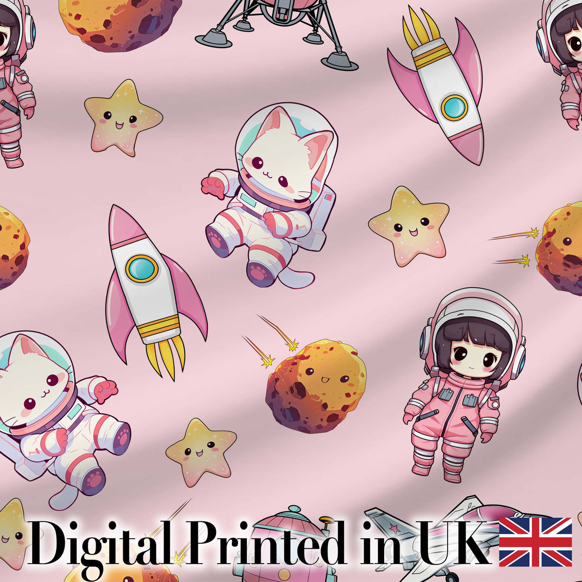 Space Cat Astronaut Girl Rockets Stars Seamless Dusty Pink Background Digital Print Fabric by the Metre UK Sewing Quilting Textile