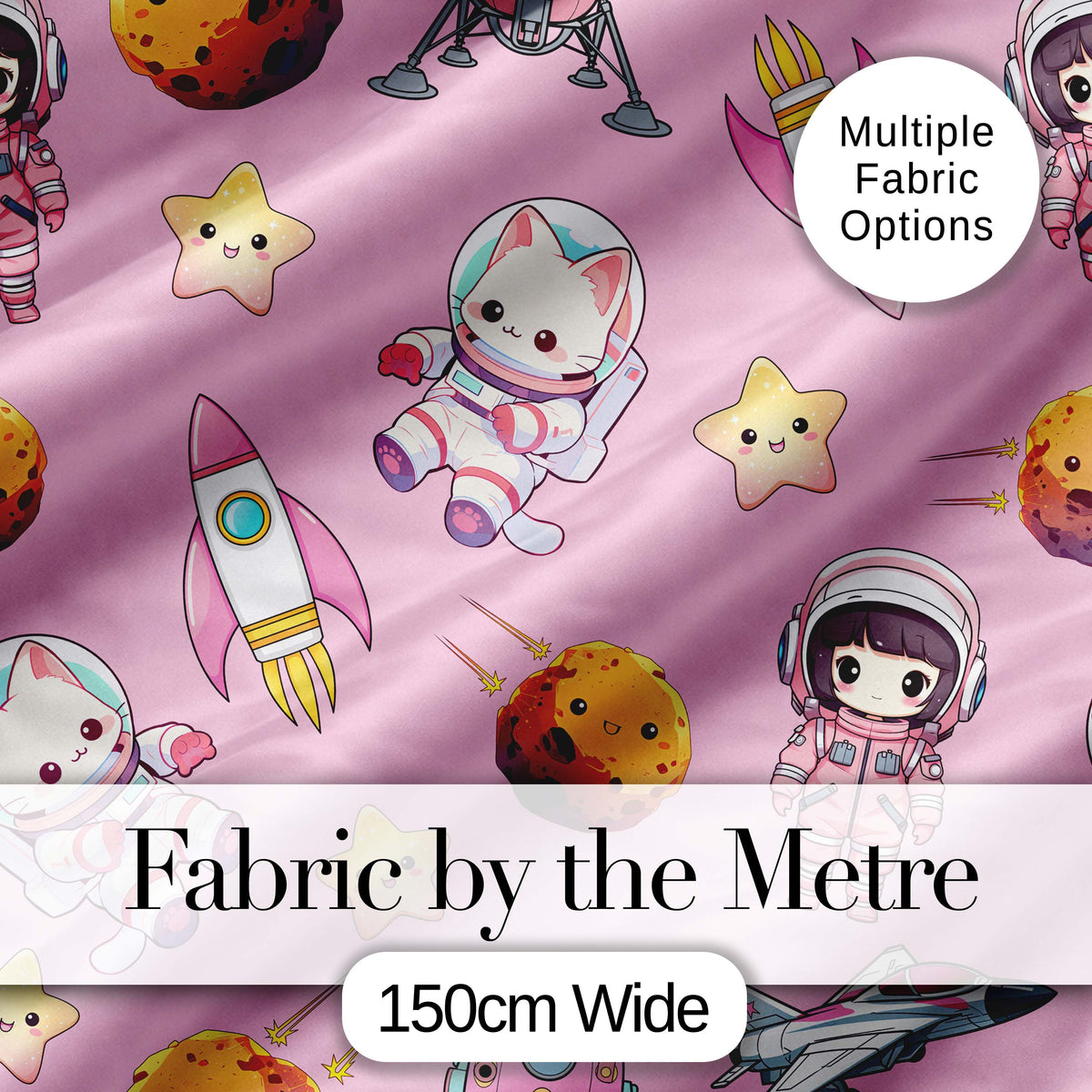 Space Cat Astronaut Girl Rockets Stars Seamless Pink Background Digital Print Fabric by the Metre UK Sewing Quilting Textile