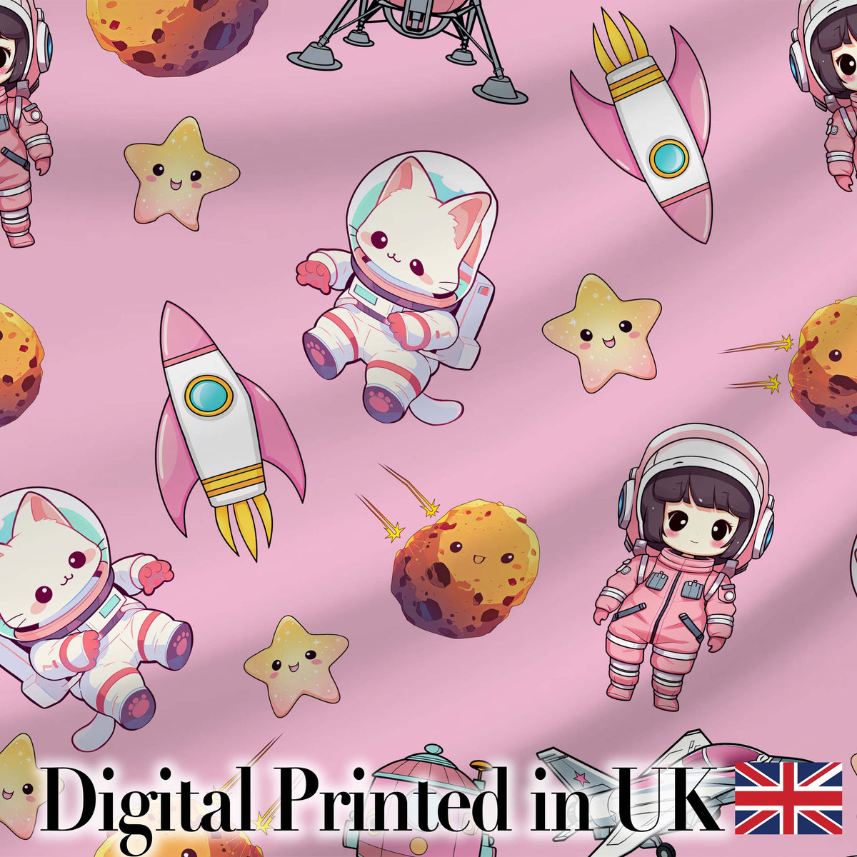 Space Cat Astronaut Girl Rockets Stars Seamless Pink Background Digital Print Fabric by the Metre UK Sewing Quilting Textile