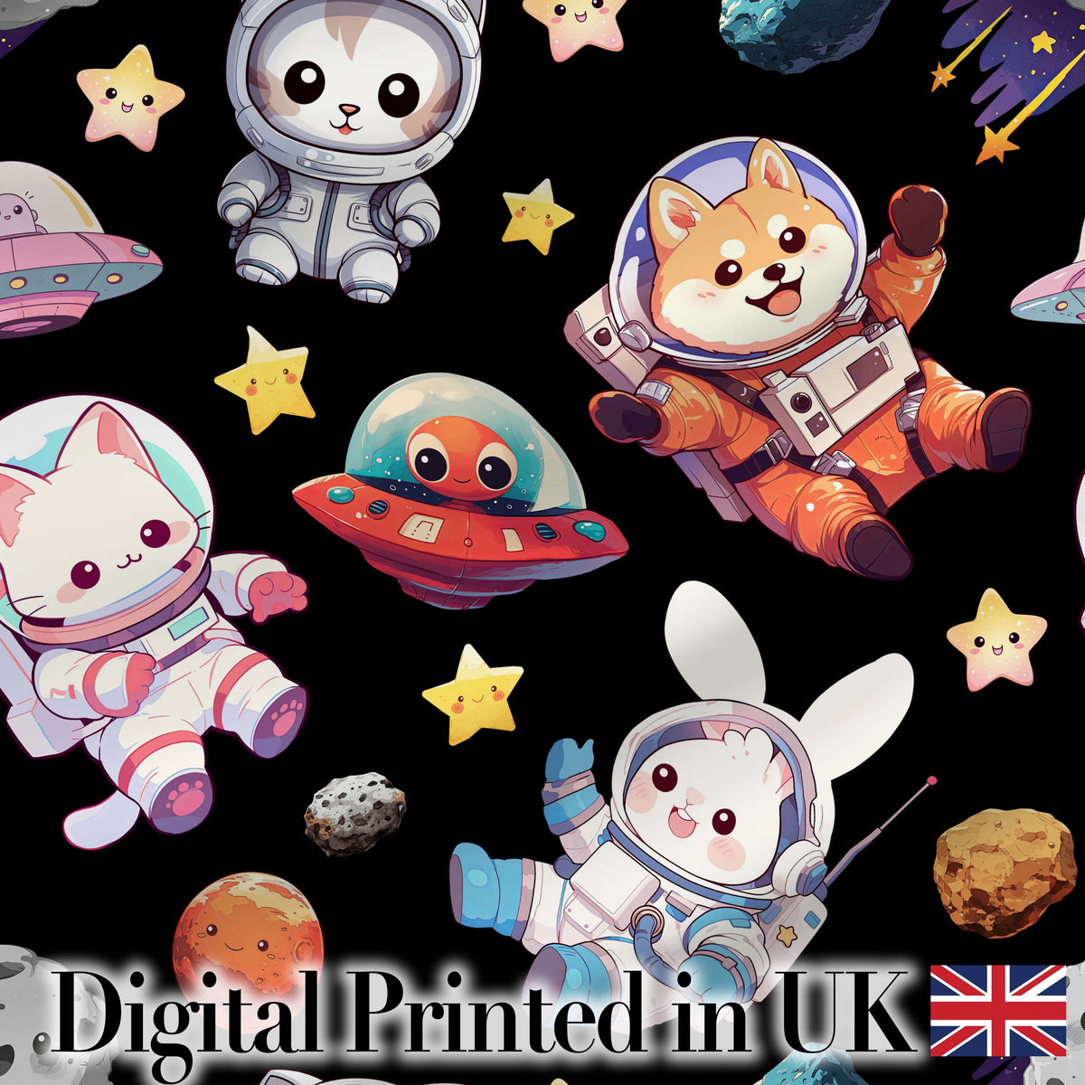 Space Animals Astronaut Dog Bunny UFO Stars Seamless Black Background Digital Print Fabric by the Metre UK Sewing Quilting Textile