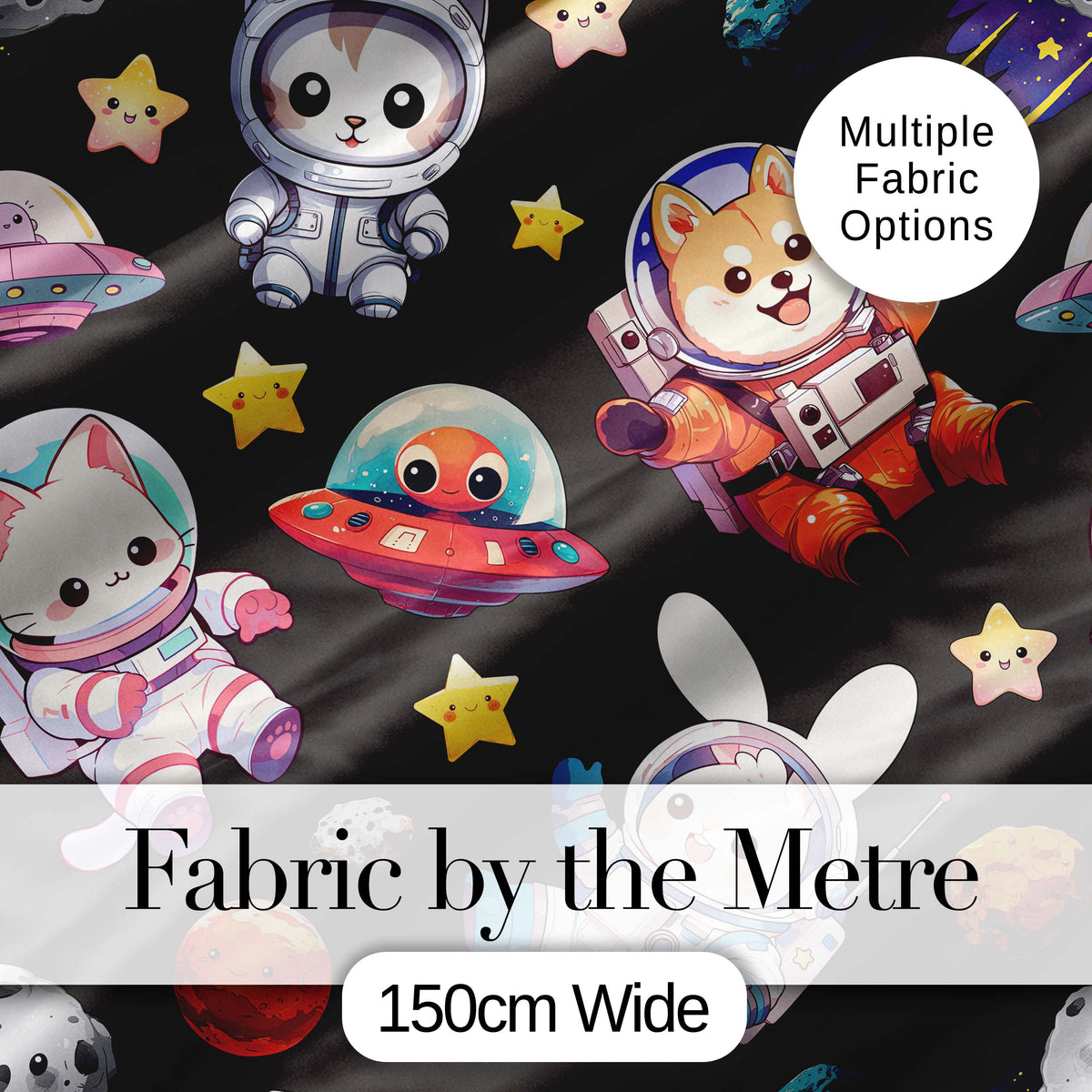 Space Animals Astronaut Dog Bunny UFO Stars Seamless Dark Background Digital Print Fabric by the Metre UK Sewing Quilting Textile