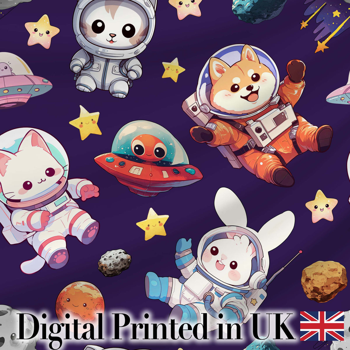 Space Animals Astronaut Dog Bunny UFO Stars Seamless Purple Background Digital Print Fabric by the Metre UK Sewing Quilting Textile