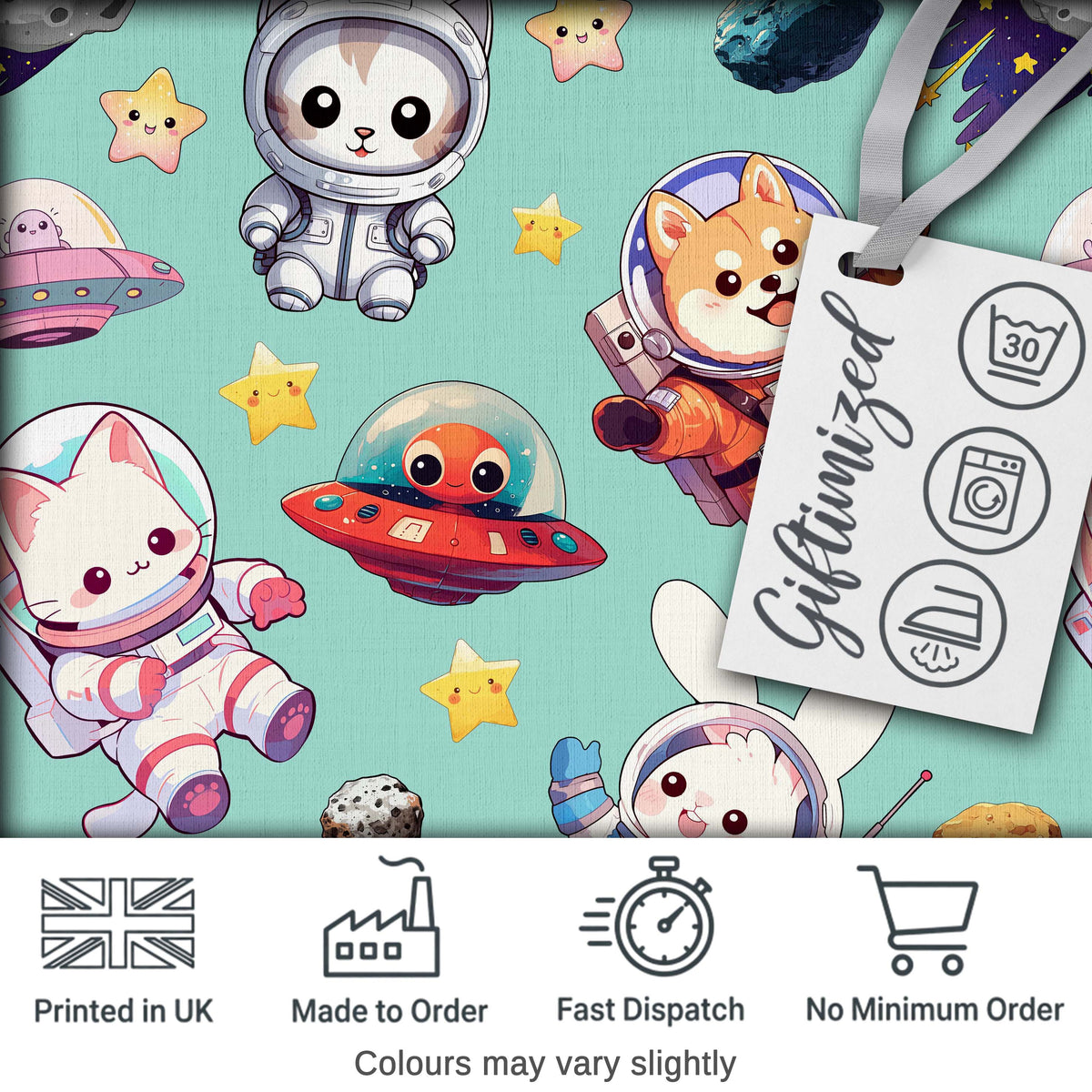Space Animals Astronaut Dog Bunny UFO Stars Seamless Mint Background Digital Print Fabric by the Metre UK Sewing Quilting Textile