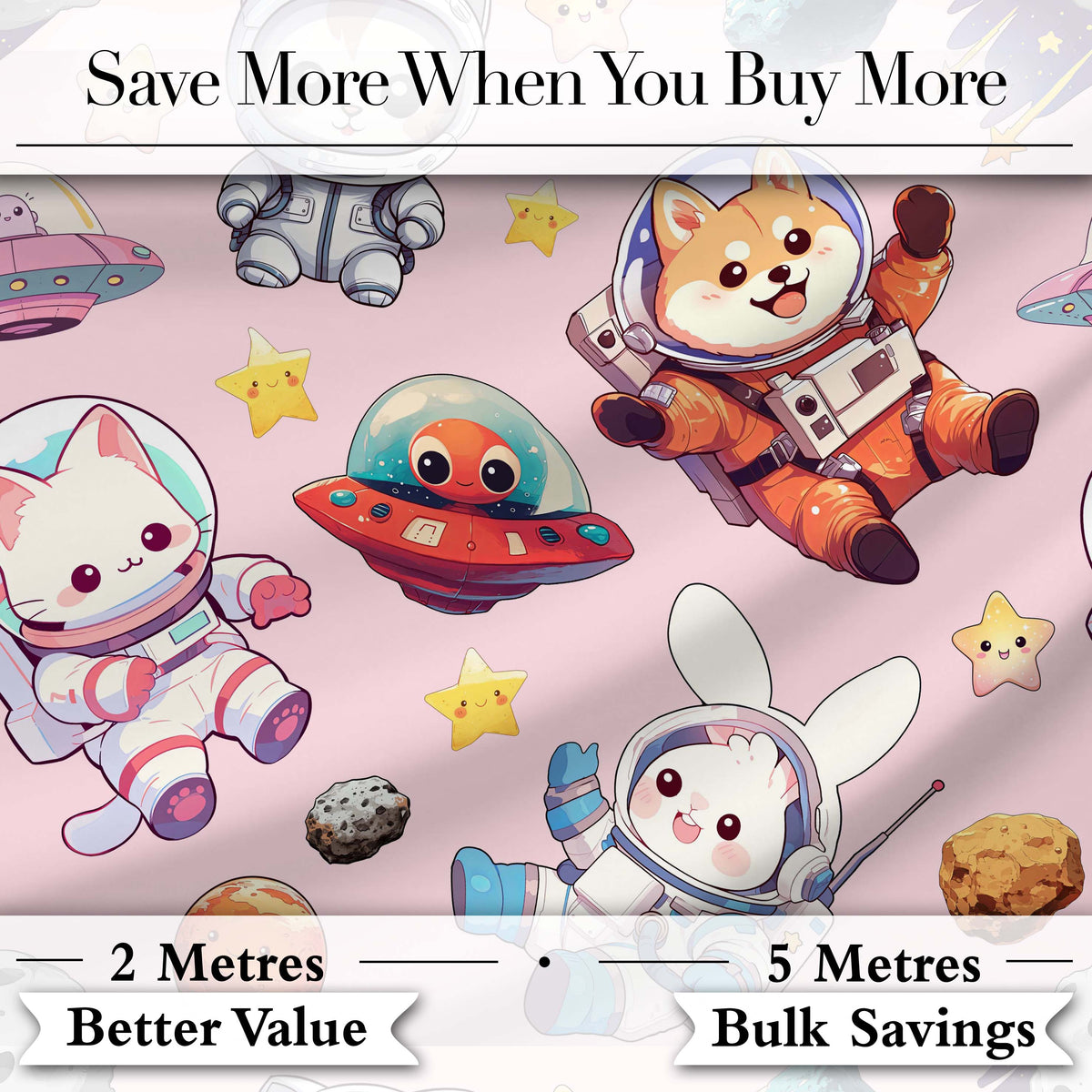 Space Animals Astronaut Dog Bunny UFO Stars Seamless Blush Pink Background Digital Print Fabric by the Metre UK Sewing Quilting Textile