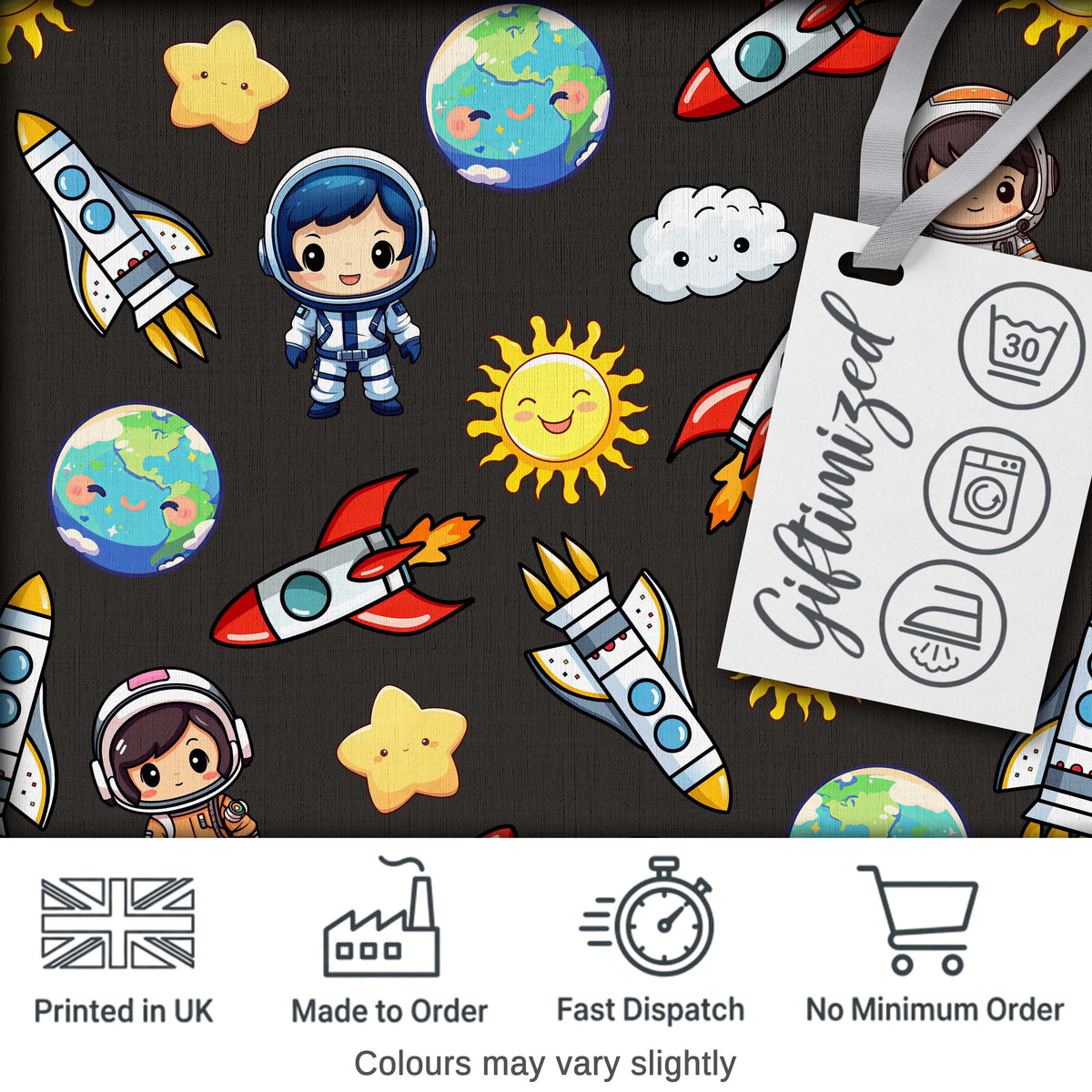 Cartoon Space Rockets Sun Earth Clouds Stars Seamless Dark Grey Background Digital Print Fabric by the Metre UK Sewing Quilting Textile