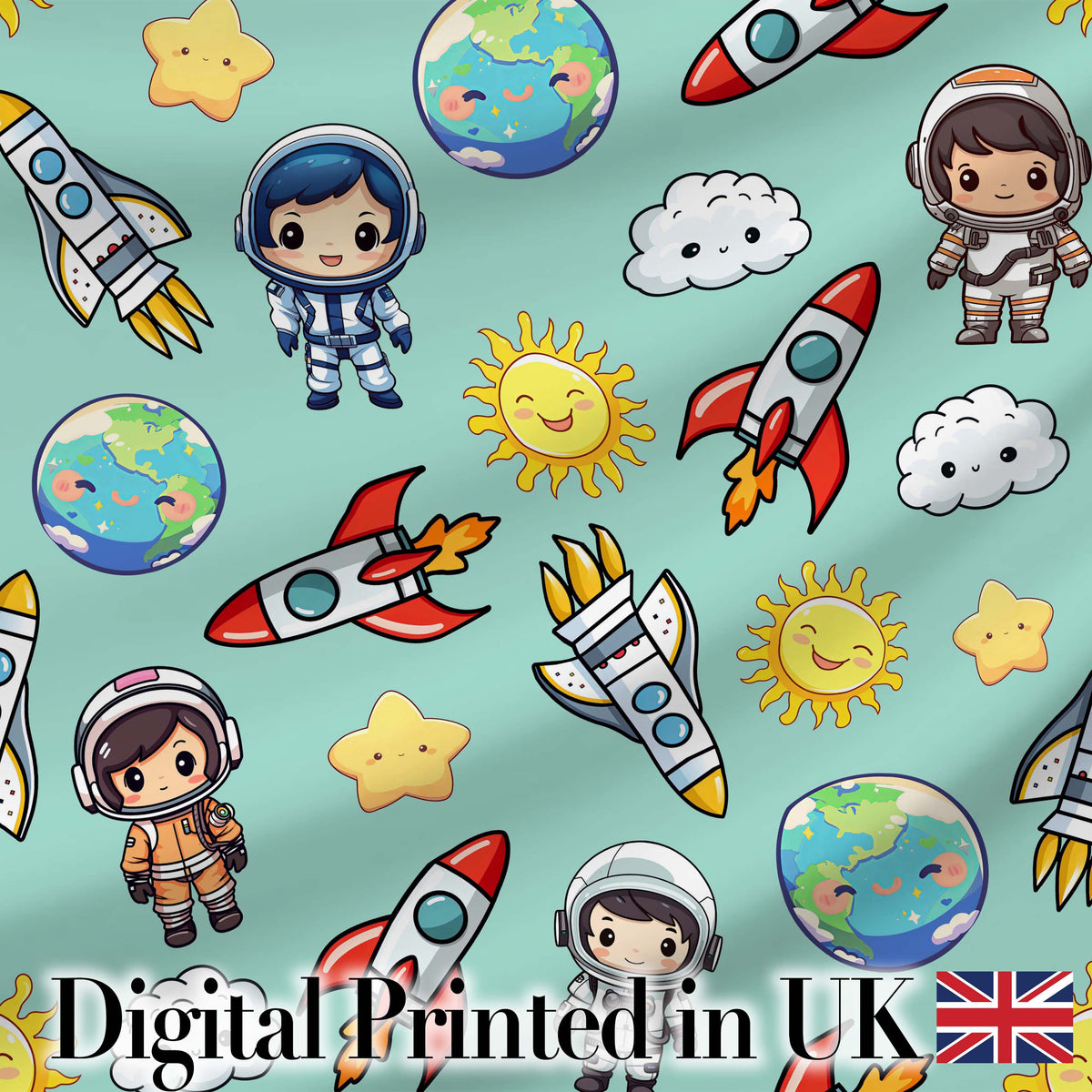 Cute Cartoon Space Rockets Sun Earth Clouds Stars Seamless Mint Background Digital Print Fabric by the Metre UK Sewing Quilting Textile