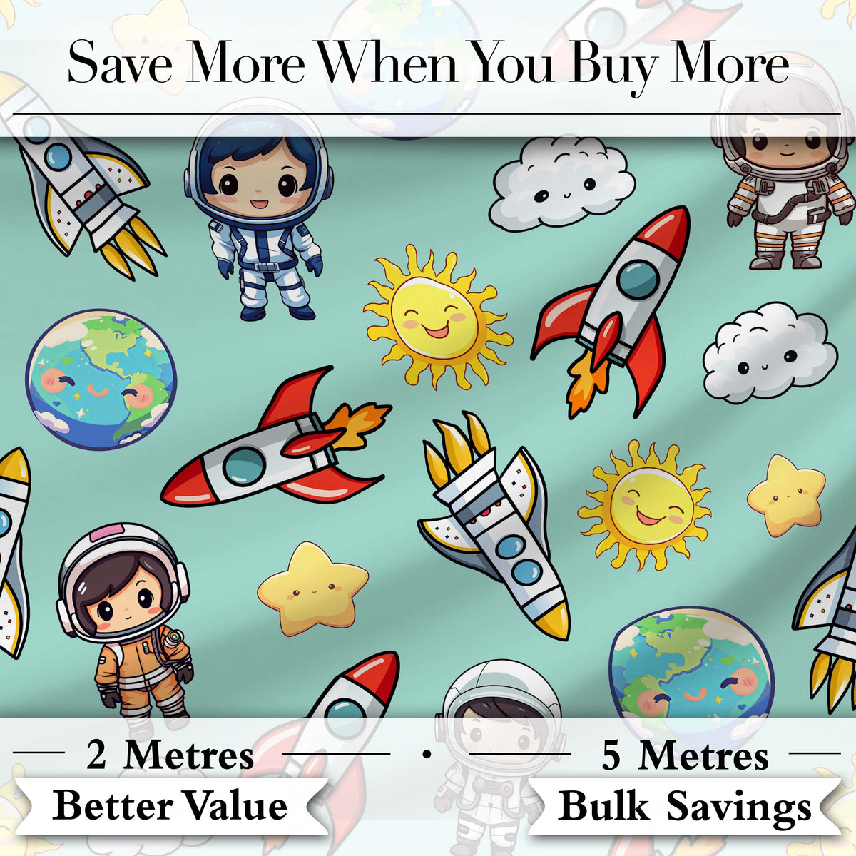 Cute Cartoon Space Rockets Sun Earth Clouds Stars Seamless Mint Background Digital Print Fabric by the Metre UK Sewing Quilting Textile