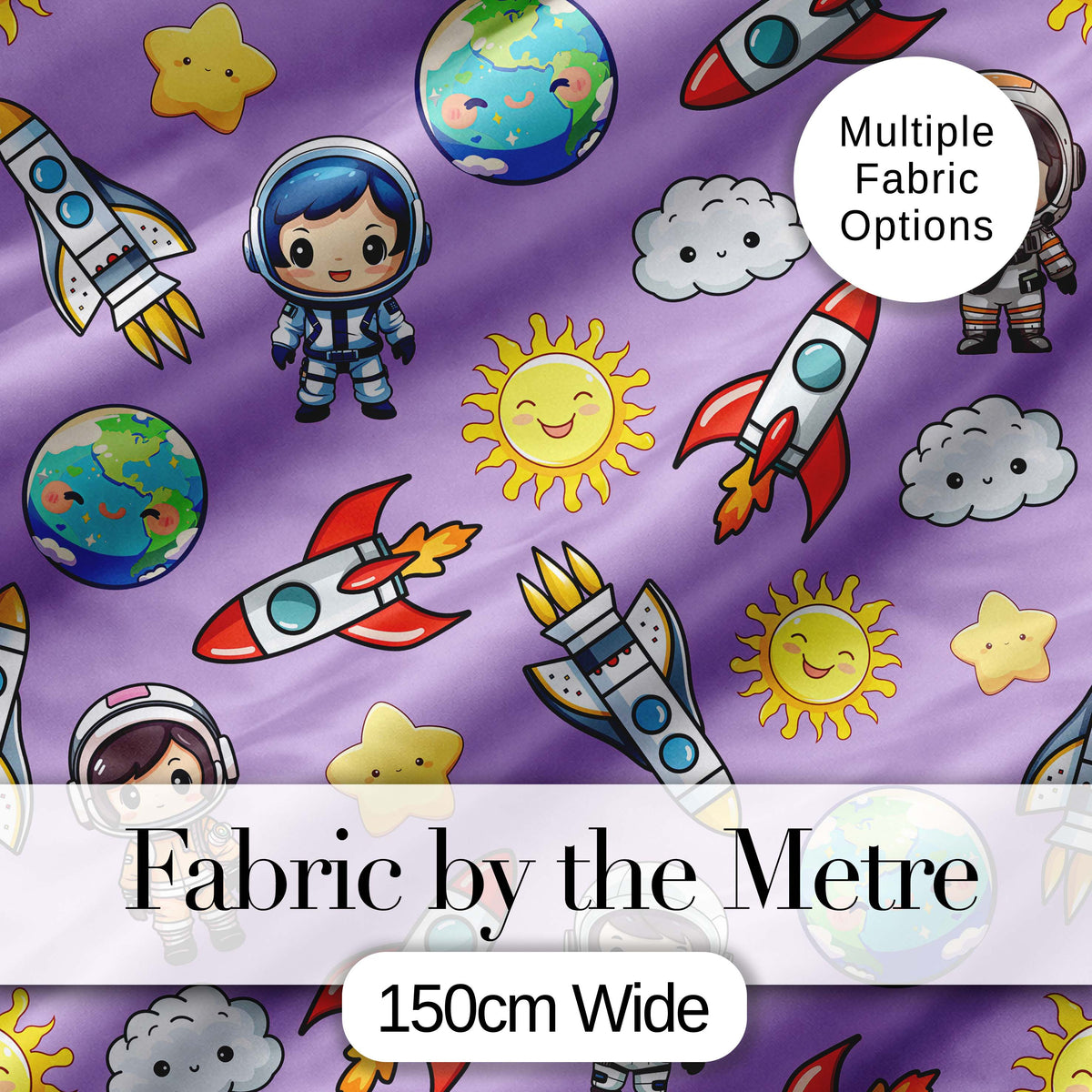 Cute Cartoon Space Rocket Sun Earth Clouds Stars Seamless Lavender Background Digital Print Fabric by the Metre UK Sewing Quilting Textile