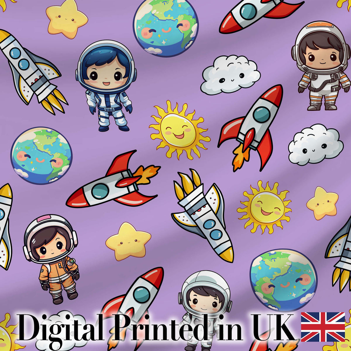 Cute Cartoon Space Rocket Sun Earth Clouds Stars Seamless Lavender Background Digital Print Fabric by the Metre UK Sewing Quilting Textile