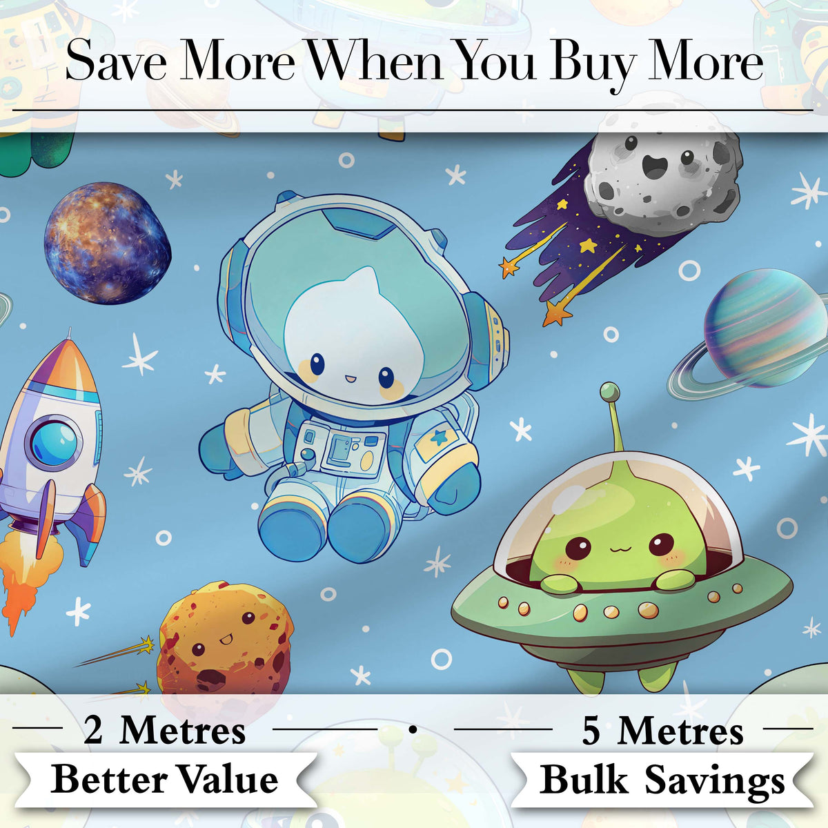 Space Astronaut Alien UFO Planets Meteors Stars Seamless Blue Background Digital Print Fabric by the Metre UK Sewing Quilting Textile