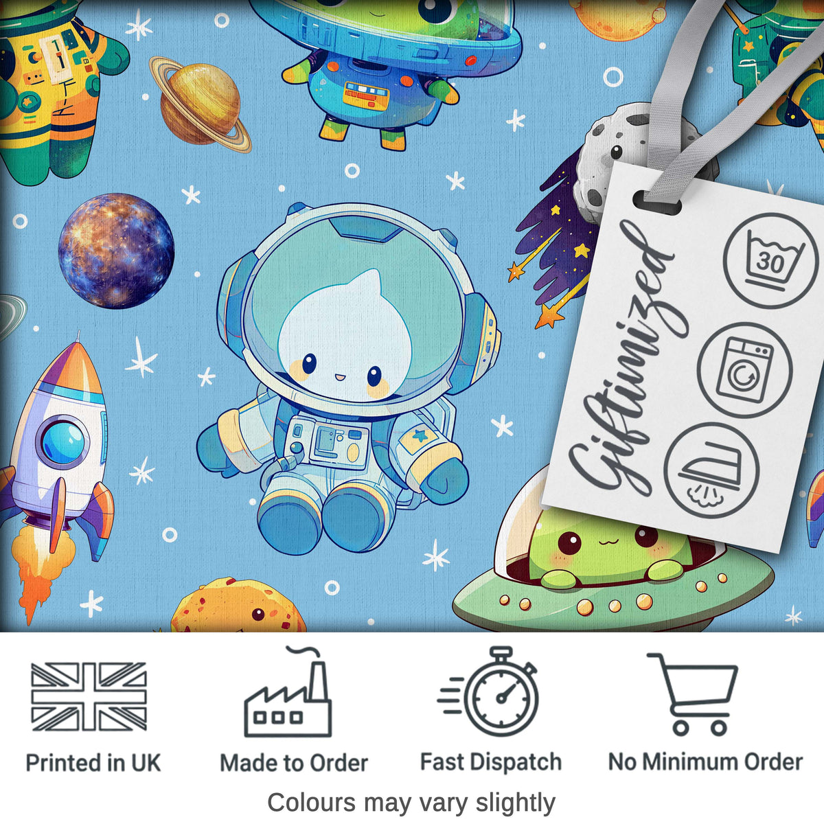 Space Astronaut Alien UFO Planets Meteors Stars Seamless Blue Background Digital Print Fabric by the Metre UK Sewing Quilting Textile