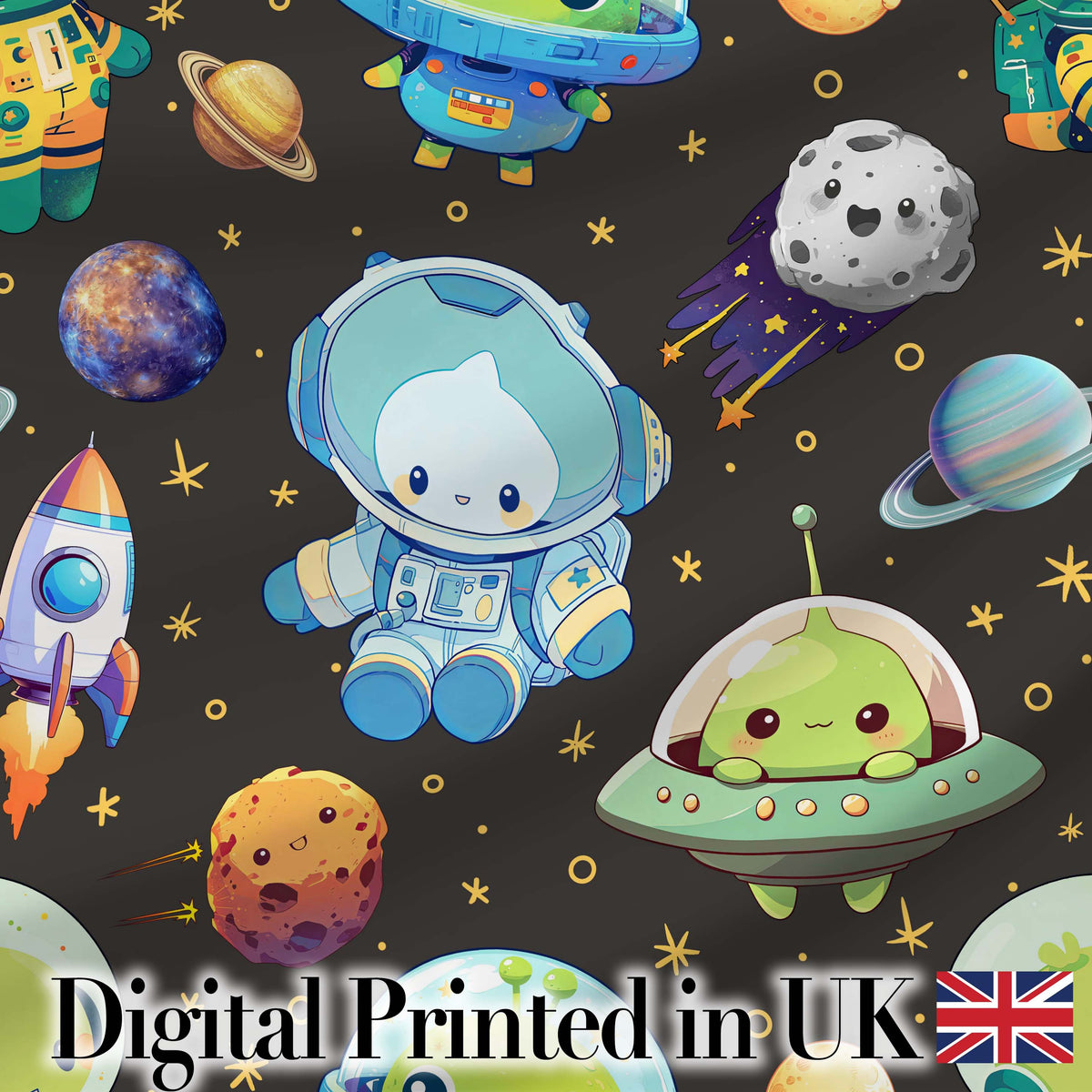 Space Astronaut Alien UFO Planets Meteor Stars Seamless Dark Brown Background Digital Print Fabric by the Metre UK Sewing Quilting Textile