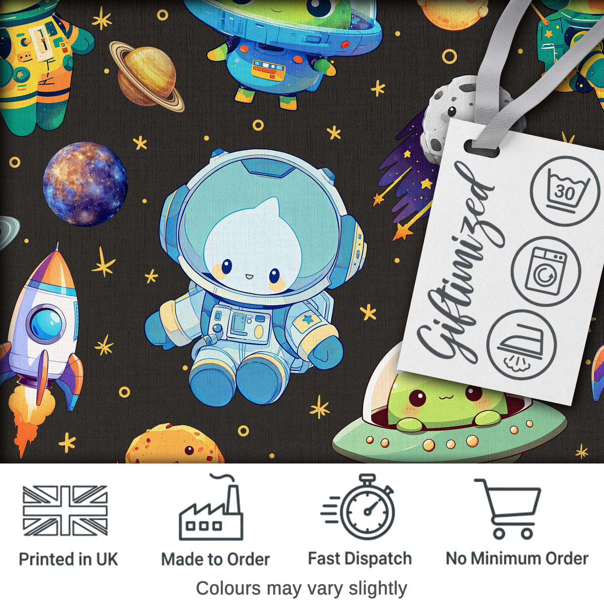 Space Astronaut Alien UFO Planets Meteor Stars Seamless Dark Brown Background Digital Print Fabric by the Metre UK Sewing Quilting Textile