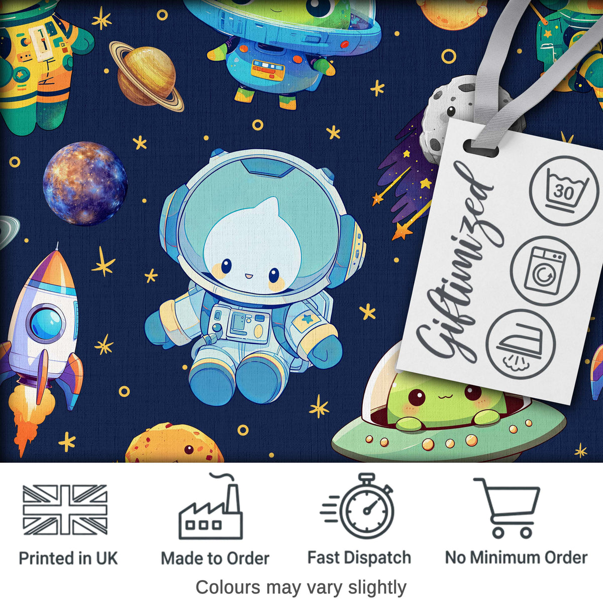 Space Astronaut Alien UFO Planets Meteors Stars Seamless Navy Background Digital Print Fabric by the Metre UK Sewing Quilting Textile