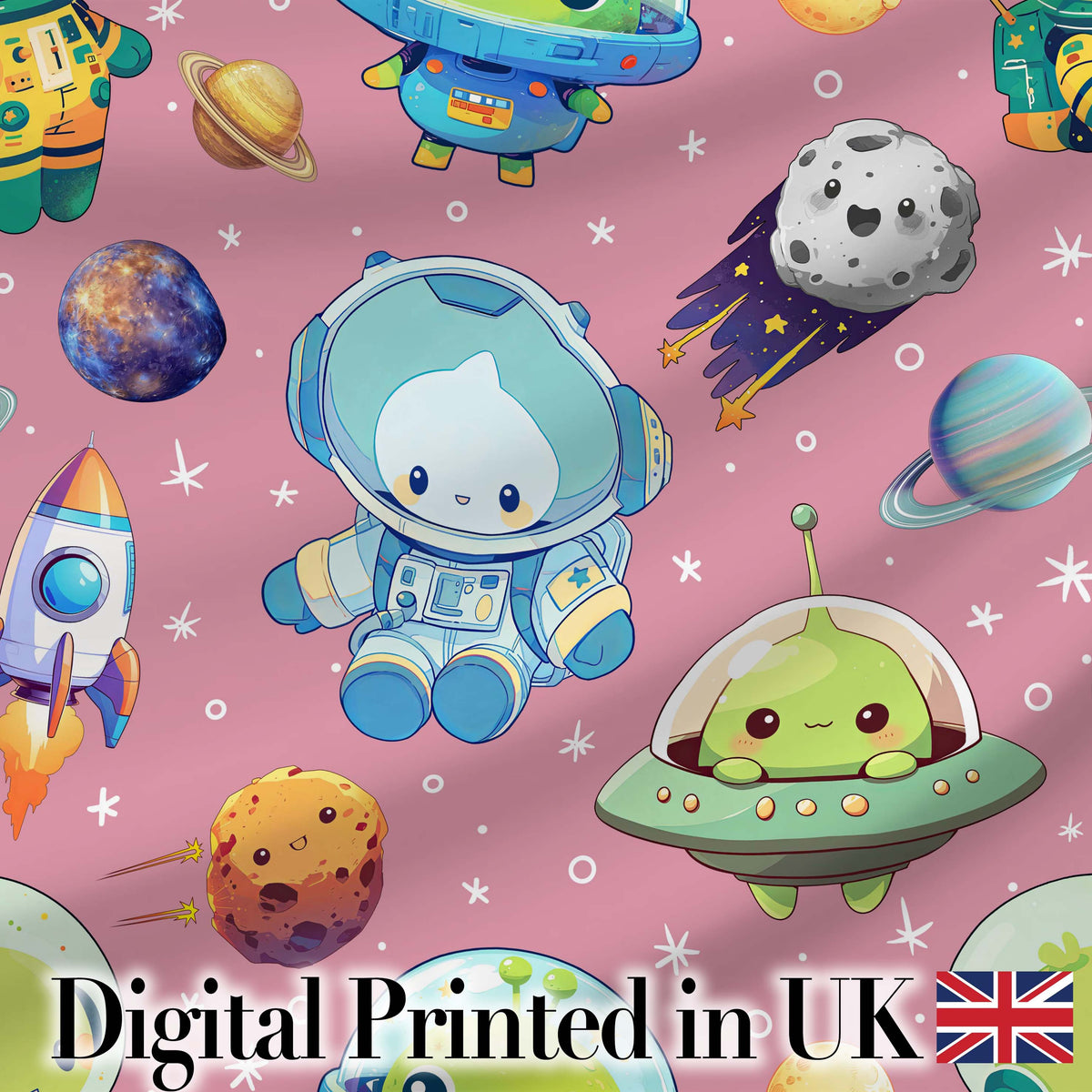 Space Astronaut Alien UFO Planets Meteors Stars Seamless Pink Background Digital Print Fabric by the Metre UK Sewing Quilting Textile