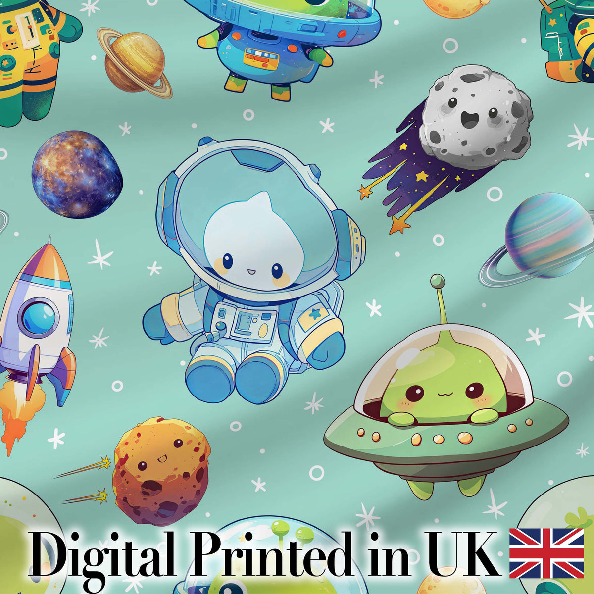 Space Astronaut Alien UFO Planets Meteors Stars Seamless Mint Background Digital Print Fabric by the Metre UK Sewing Quilting Textile