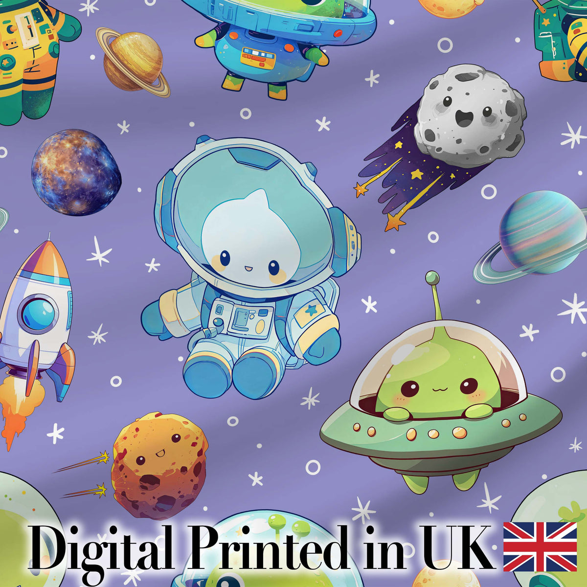 Space Astronaut Alien UFO Planets Meteors Stars Seamless Purple Background Digital Print Fabric by the Metre UK Sewing Quilting Textile