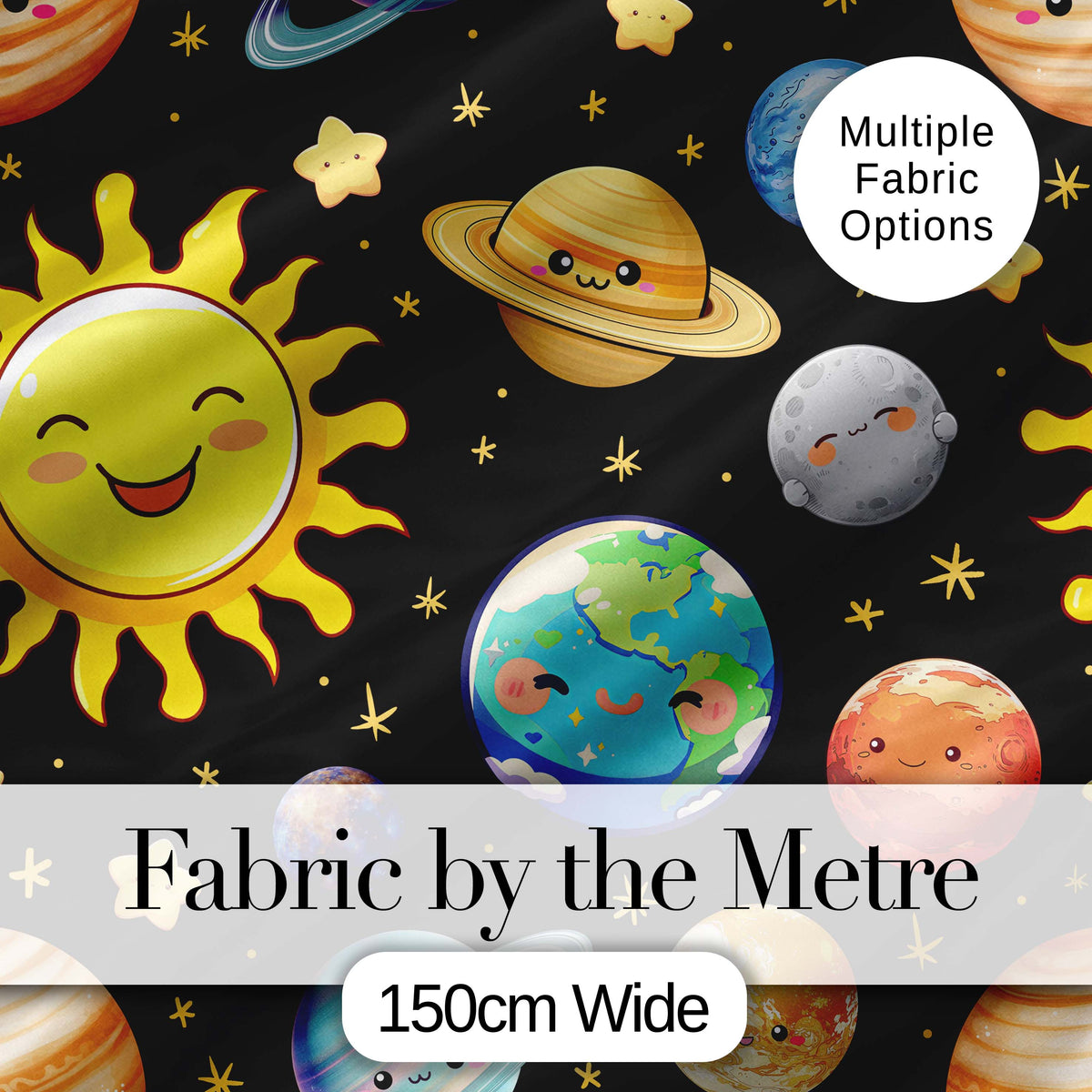 Solar System Sun Earth Saturn Planets Stars Seamless Black Background Digital Print Fabric by the Metre UK Sewing Quilting Textile