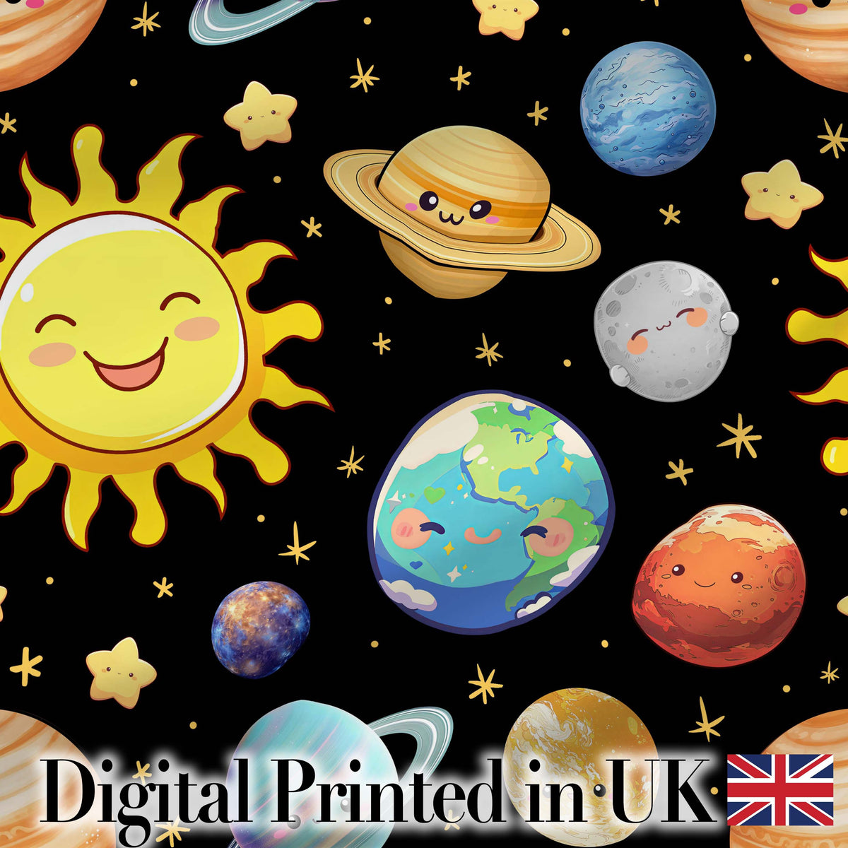 Solar System Sun Earth Saturn Planets Stars Seamless Black Background Digital Print Fabric by the Metre UK Sewing Quilting Textile